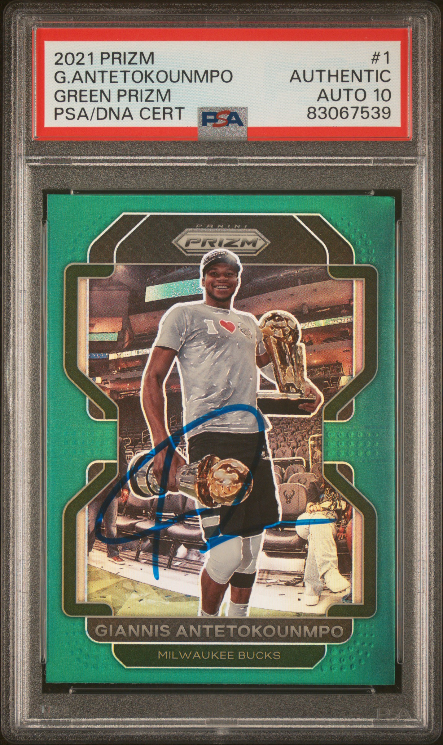 Giannis Antetokounmpo 2021 Panini Green Prizm Signed Card #1 Auto PSA 10 3067539