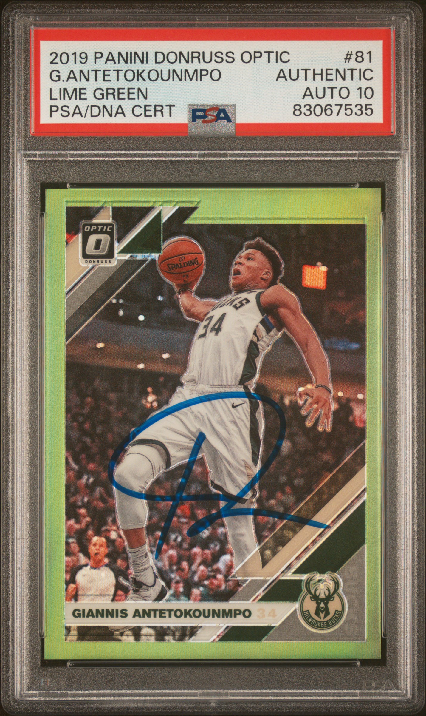 Giannis Antetokounmpo 2019 Panini Donruss Optic Lime Green Card #81 Auto PSA 10