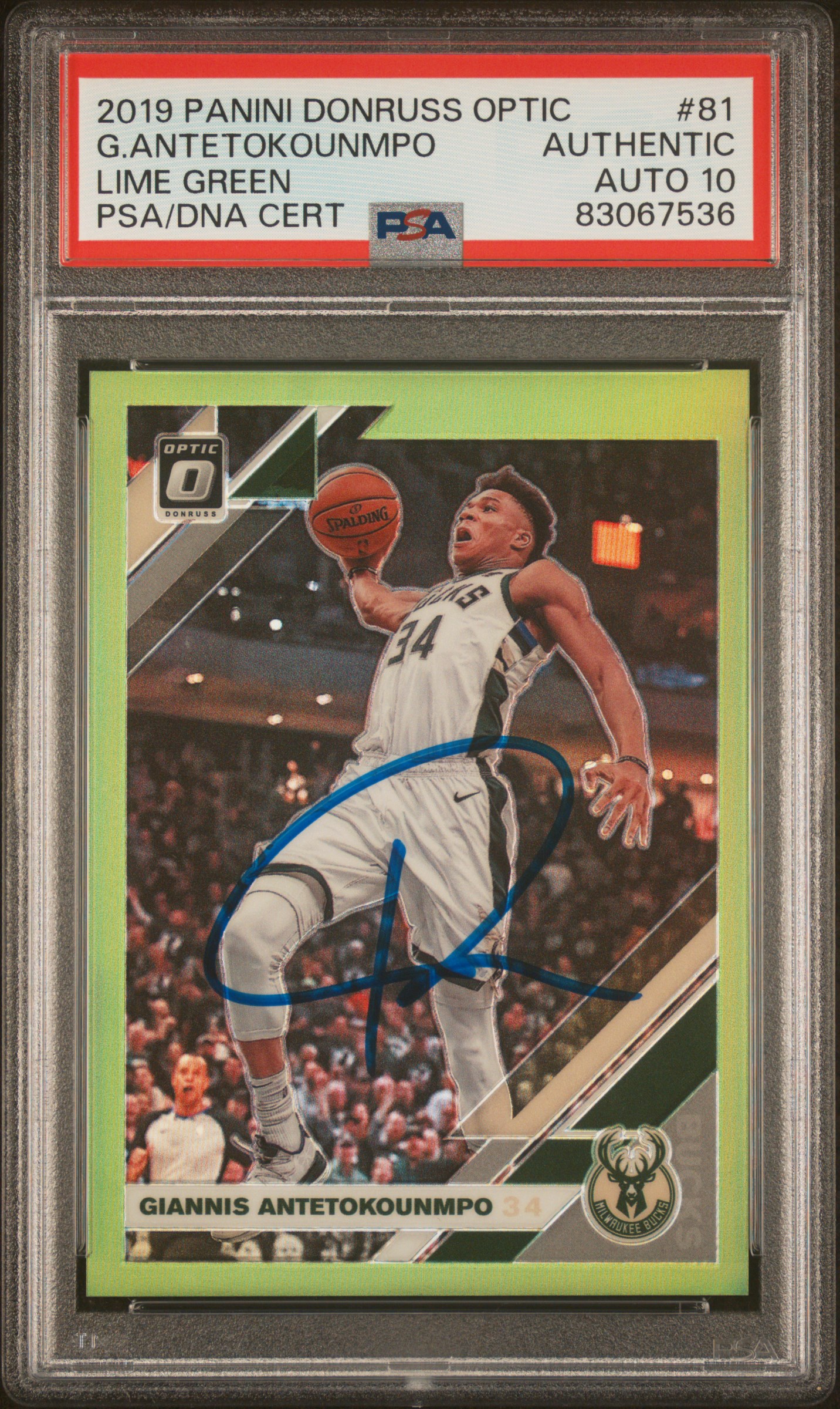 Giannis Antetokounmpo 2019 Panini Donruss Optic Lime Green Auto Card #81 PSA 10