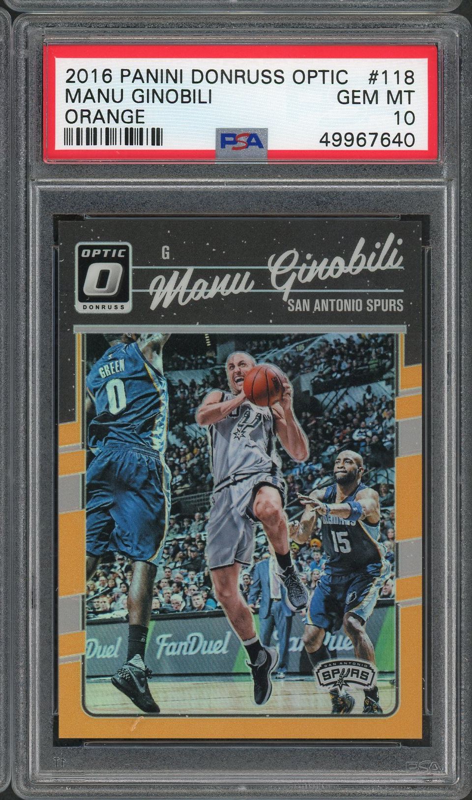 Manu Ginobili 2016 Panini Donruss Optic Orange Basketball Card #118 Graded PSA 10 GEM MINT 116/199