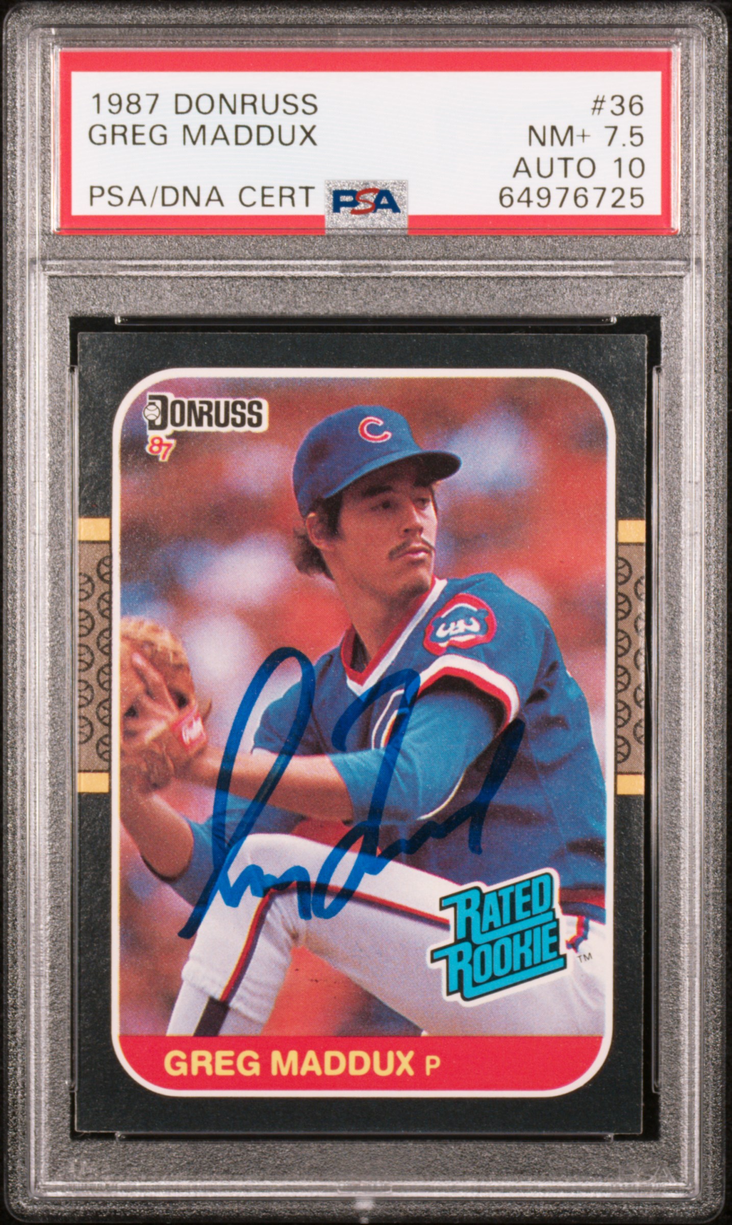 Greg Maddux 1987 Donruss Signed Baseball Rookie Card #36 7.5 Auto Graded PSA 10
