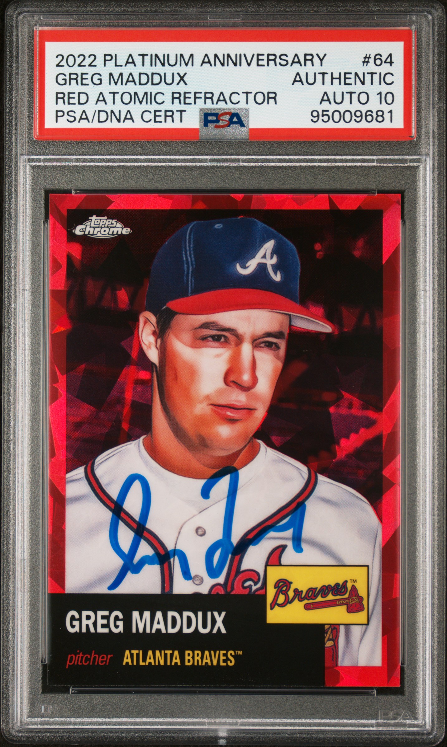 Greg Maddux 2022 Topps Chrome Red Atomic Refractor Card #64 Auto PSA 10 44/100
