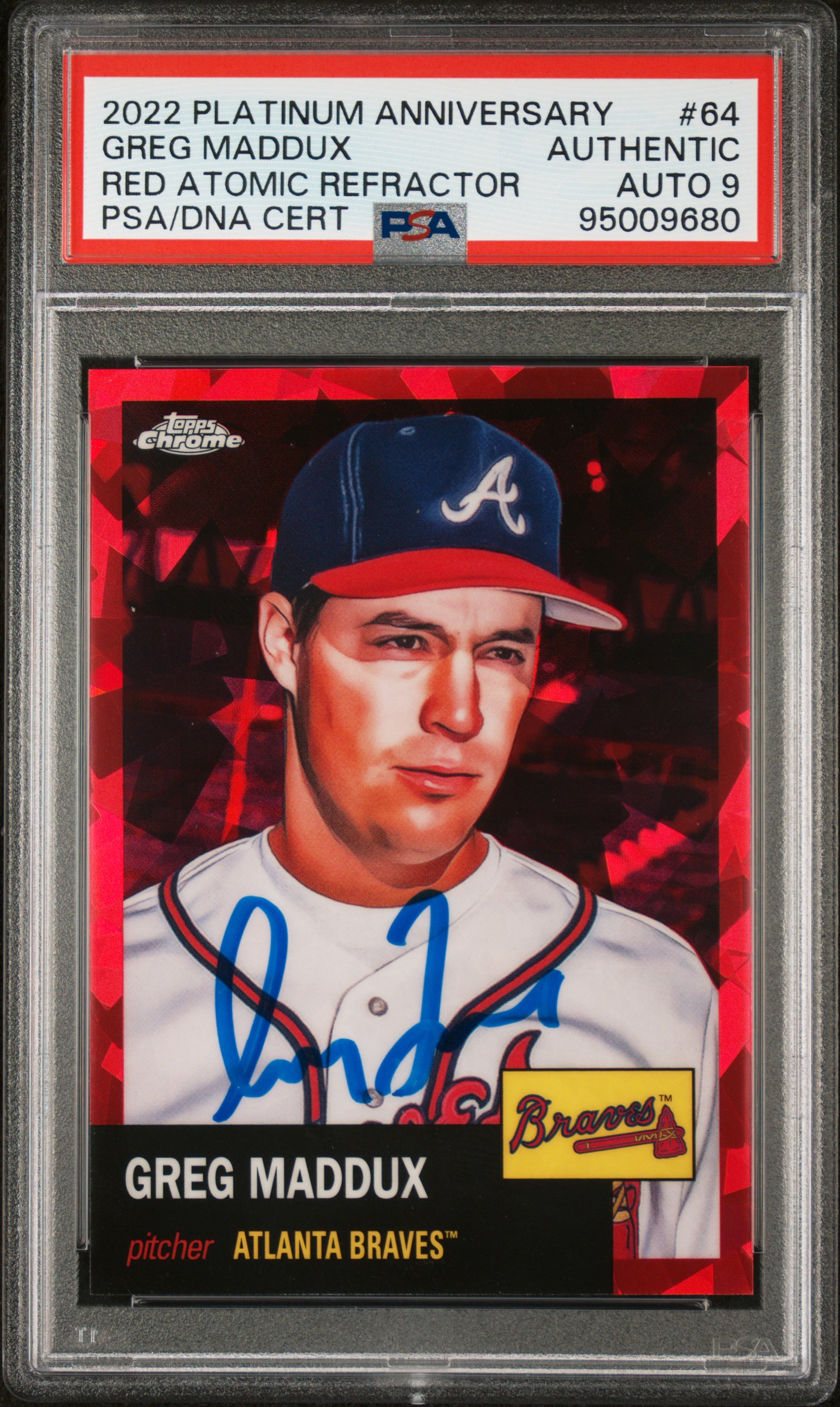 Greg Maddux 2022 Topps Chrome Red Atomic Refractor Card #64 Auto PSA 9 74/100
