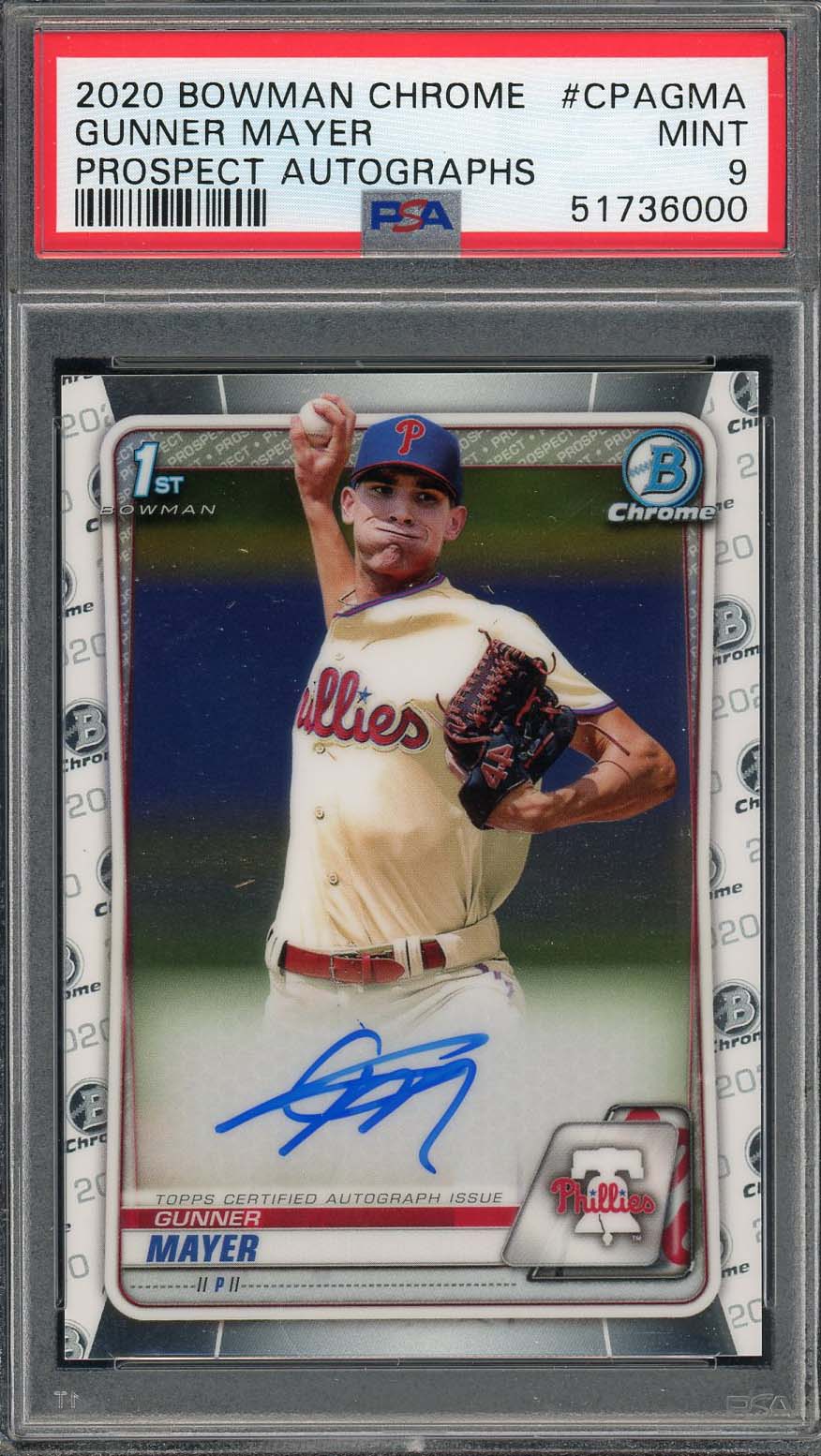 Gunner Mayer 2020 Bowman Chrome Prospect Auto Rookie Card #CPAGMA PSA 9