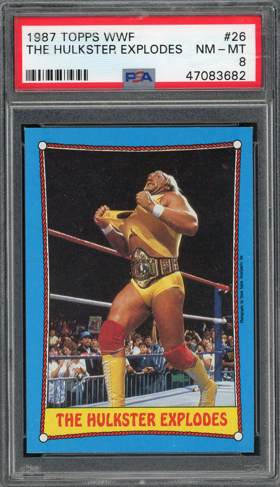 Hulk Hogan The Hulkster Explodes 1987 Topps WWF Wrestling Card #26 Graded PSA 8