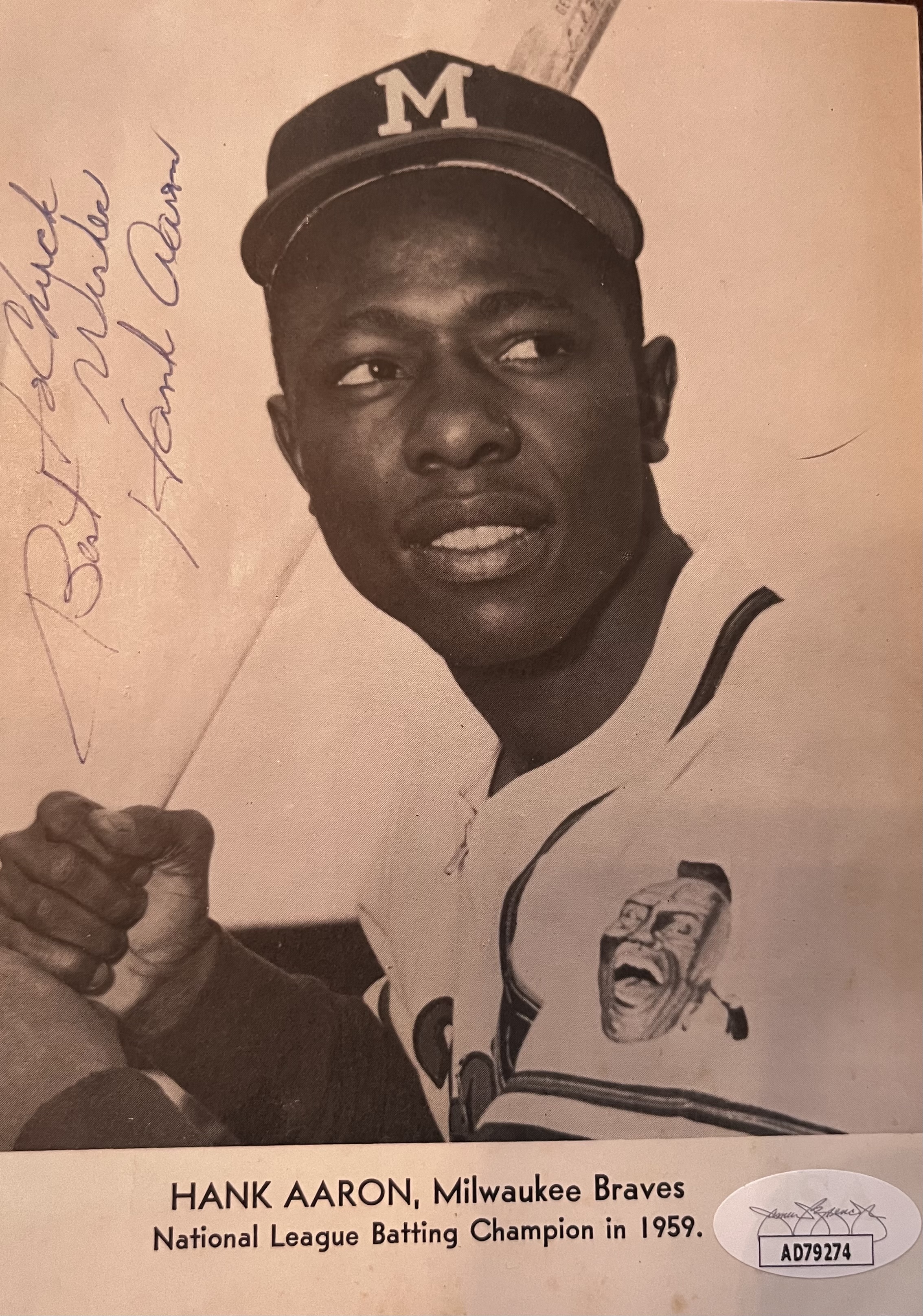 Hank Aaron Autographed 4.5x6.5 Signed Baseball Photo JSA COA