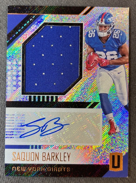 Saquon Barkley 2018 Panini Unparalleled Signed Football Player Worn Jersey Auto Rookie Card #RJA-SB