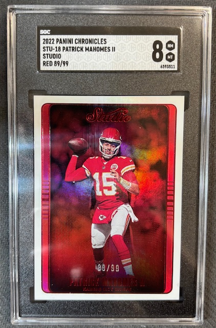 Patrick Mahomes II 2022 Panini Chronicles Studio Football Red Card #STU-18 Graded SGC 8 Cert #8533511 89/99 Patrick Mahomes II 2022 Panini Chronicles Studio Football Red Card #STU-18 Graded SGC 8 Cert #8533511 89/99