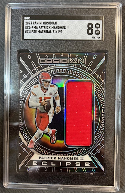 Patrick Mahomes II 2023 Panini Obsidian Football Eclipse Material Card #ECL-PMA Graded SGC 8 Cert #9767714 71/199 Patrick Mahomes II 2023 Panini Obsidian Football Eclipse Material Card #ECL-PMA Graded SGC 8 Cert #9767714 71/199