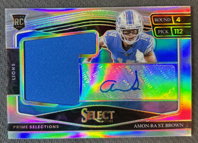 Amon Ra St Brown 2021 Panini Select Prime Selections Signed Football Rookie Patch Auto Card #PS-AST 16/49 Amon Ra St Brown 2021 Panini Select Prime Selections Signed Football Rookie Patch Auto Card #PS-AST 16/49