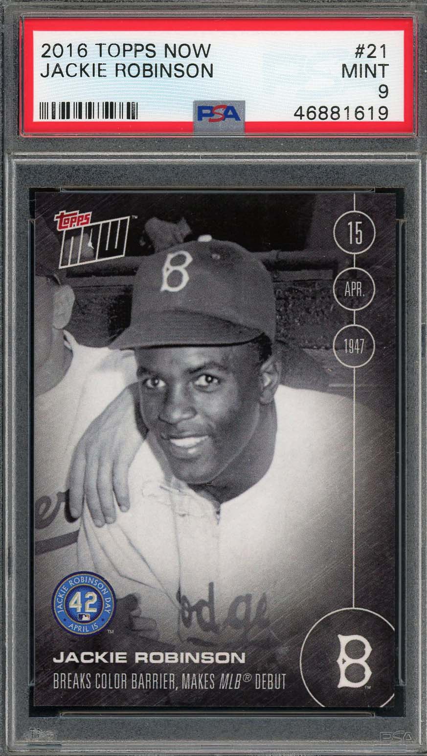 Jackie Robinson 2016 Topps Now Baseball Card #21 Graded PSA 9