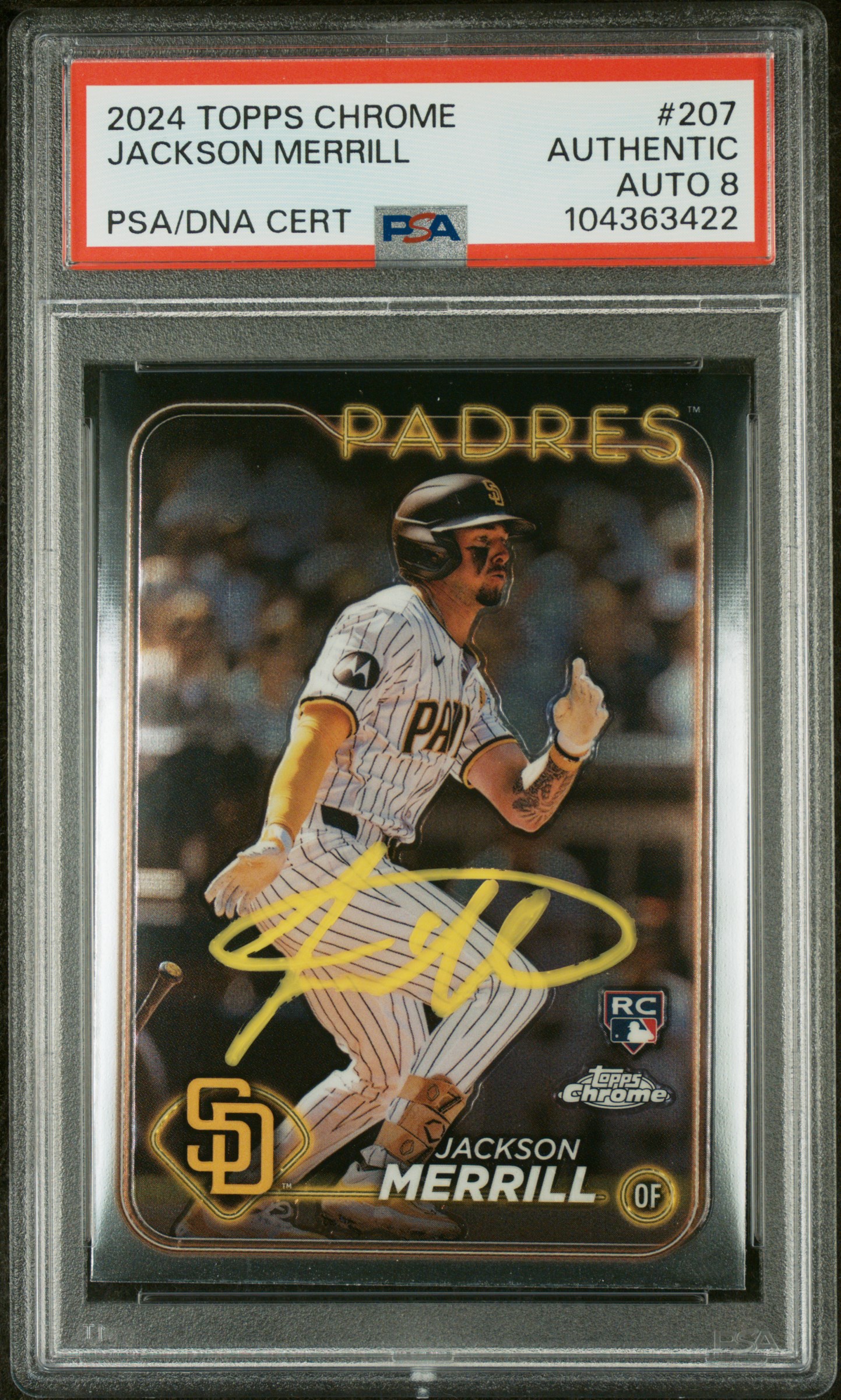 Jackson Merrill 2024 Topps Chrome Signed Baseball Rookie Card #207 Auto PSA 8