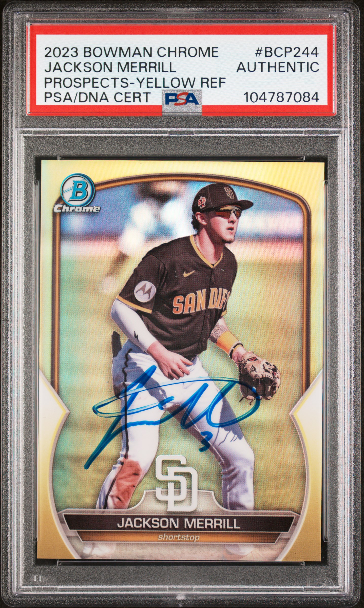 Jackson Merrill 2024 Bowman Chrome Yellow Refractor Rookie Card #BCP244 Auto PSA