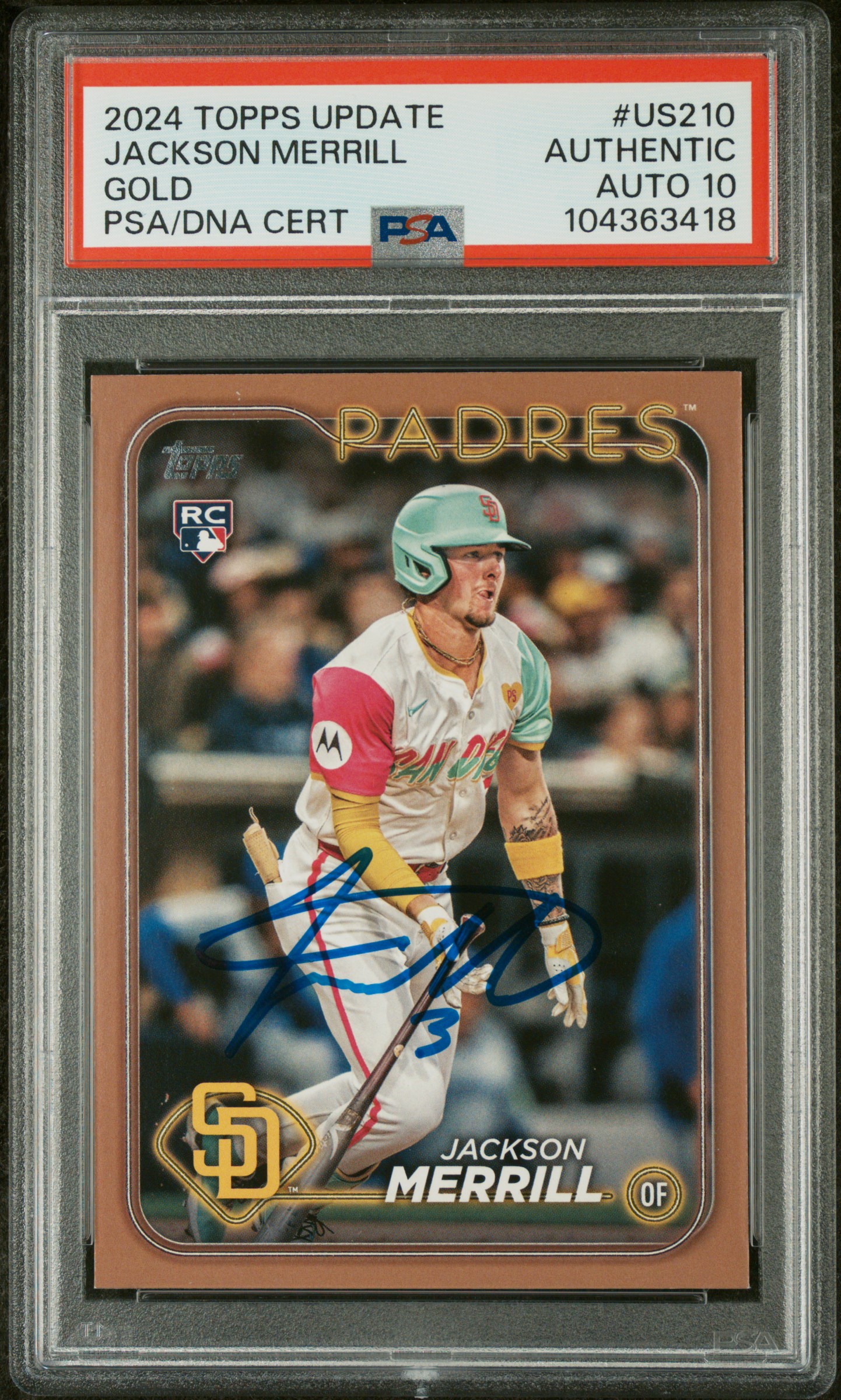 Jackson Merrill 2024 Topps Update Gold Rookie Card #US210 Auto PSA 10 1908/2024