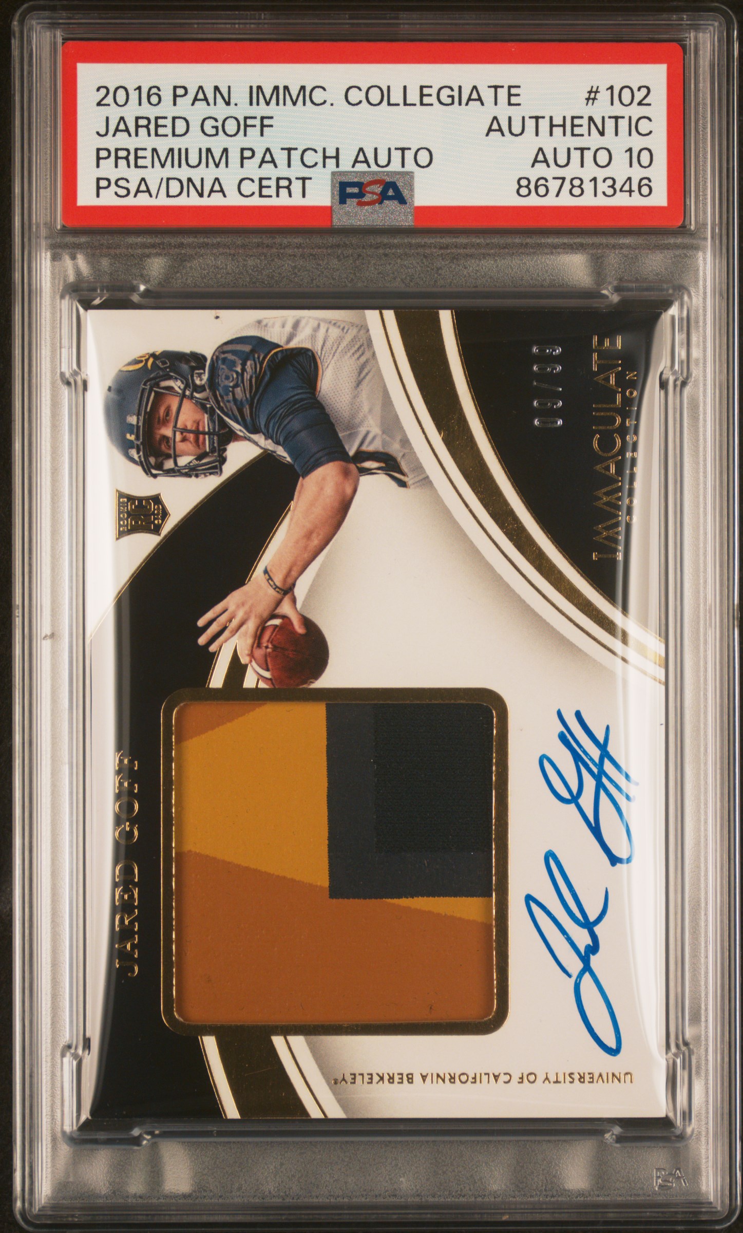 Jared Goff 2016 Panini Immaculate Patch Rookie Card #102 Auto Graded PSA 10 9/99