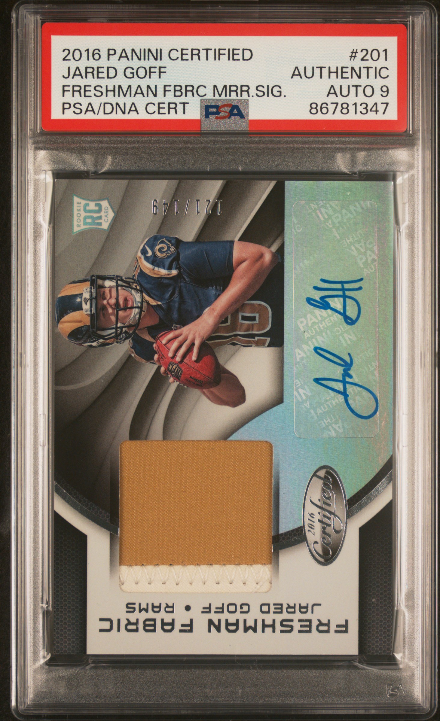 Jared Goff 2016 Panini Certified Patch Rookie Card 201 Auto Graded PSA 9 121/149