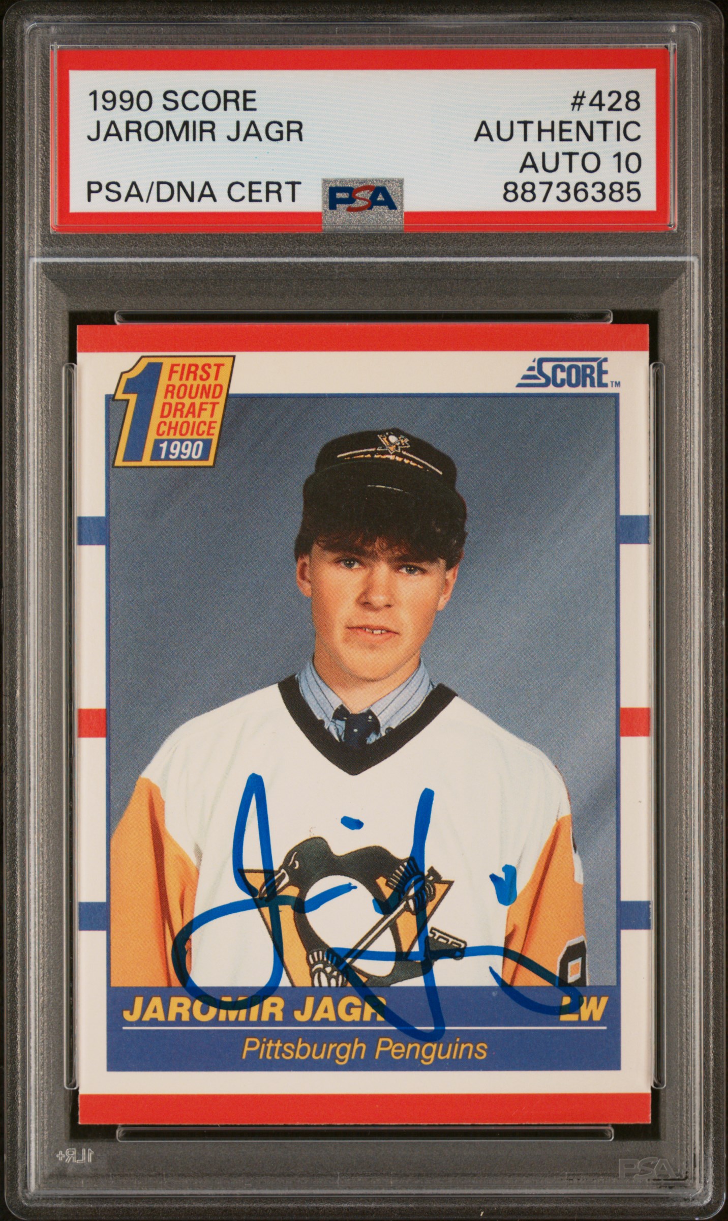 Jaromir Jagr 1990 Score Signed Hockey Rookie Card #428 Auto Graded PSA 10 736385