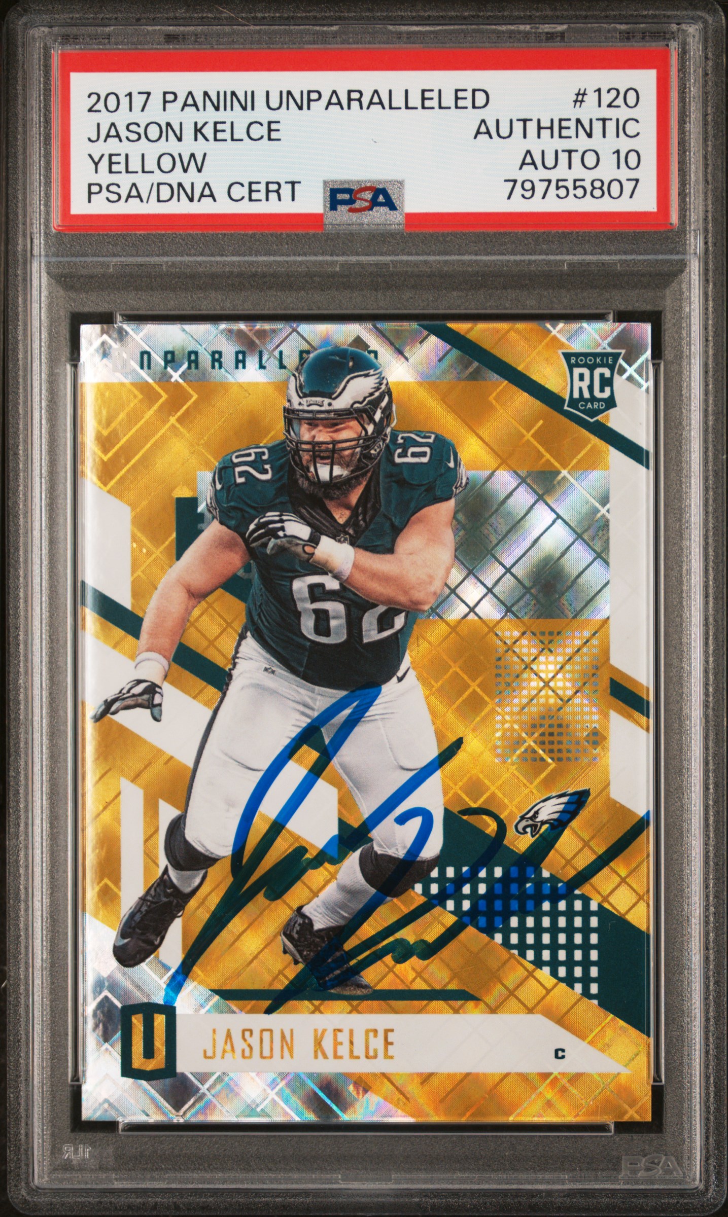 Jason Kelce 2017 Panini Unparalleled Yellow Signed Rookie Card #120 Auto PSA 10