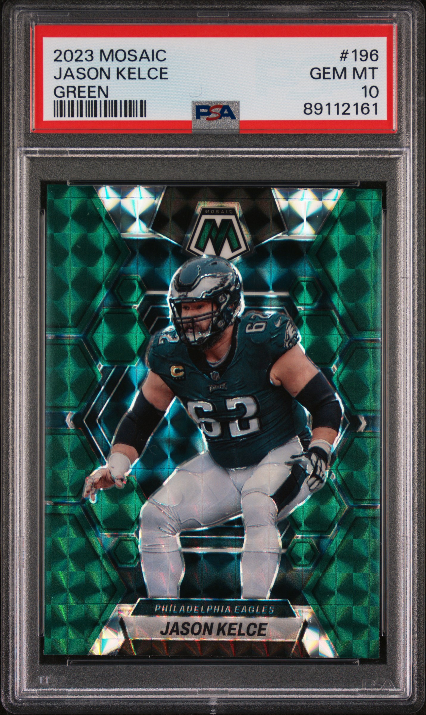Jason Kelce 2023 Panini Mosaic Green Football Card #196 Graded PSA 10