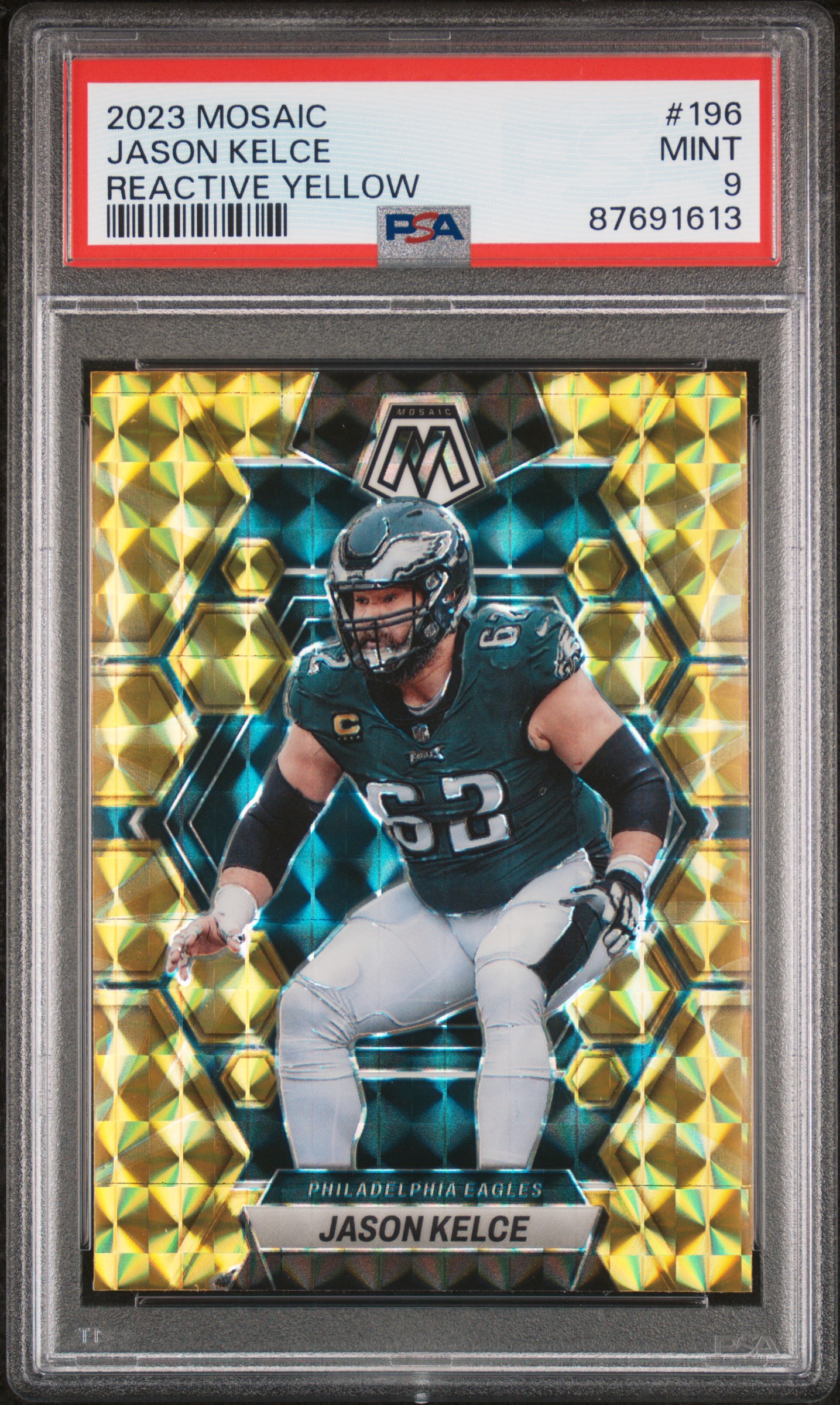 Jason Kelce 2023 Panini Mosaic Reactive Yellow Football Card #196 Graded PSA 9