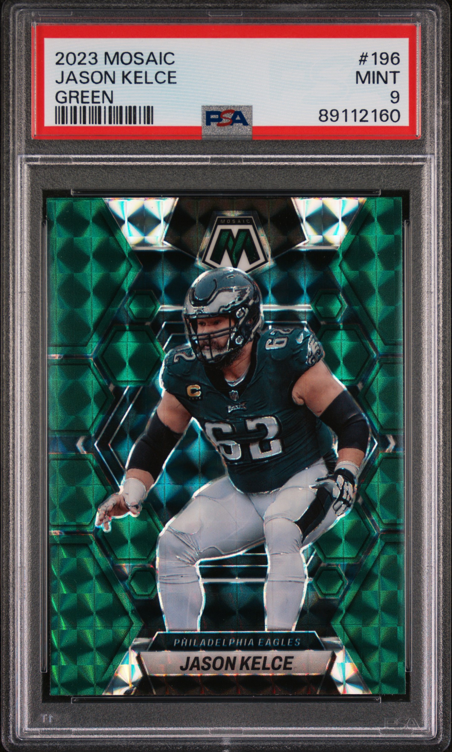 Jason Kelce 2023 Panini Mosaic Green Football Card #196 Graded PSA 9