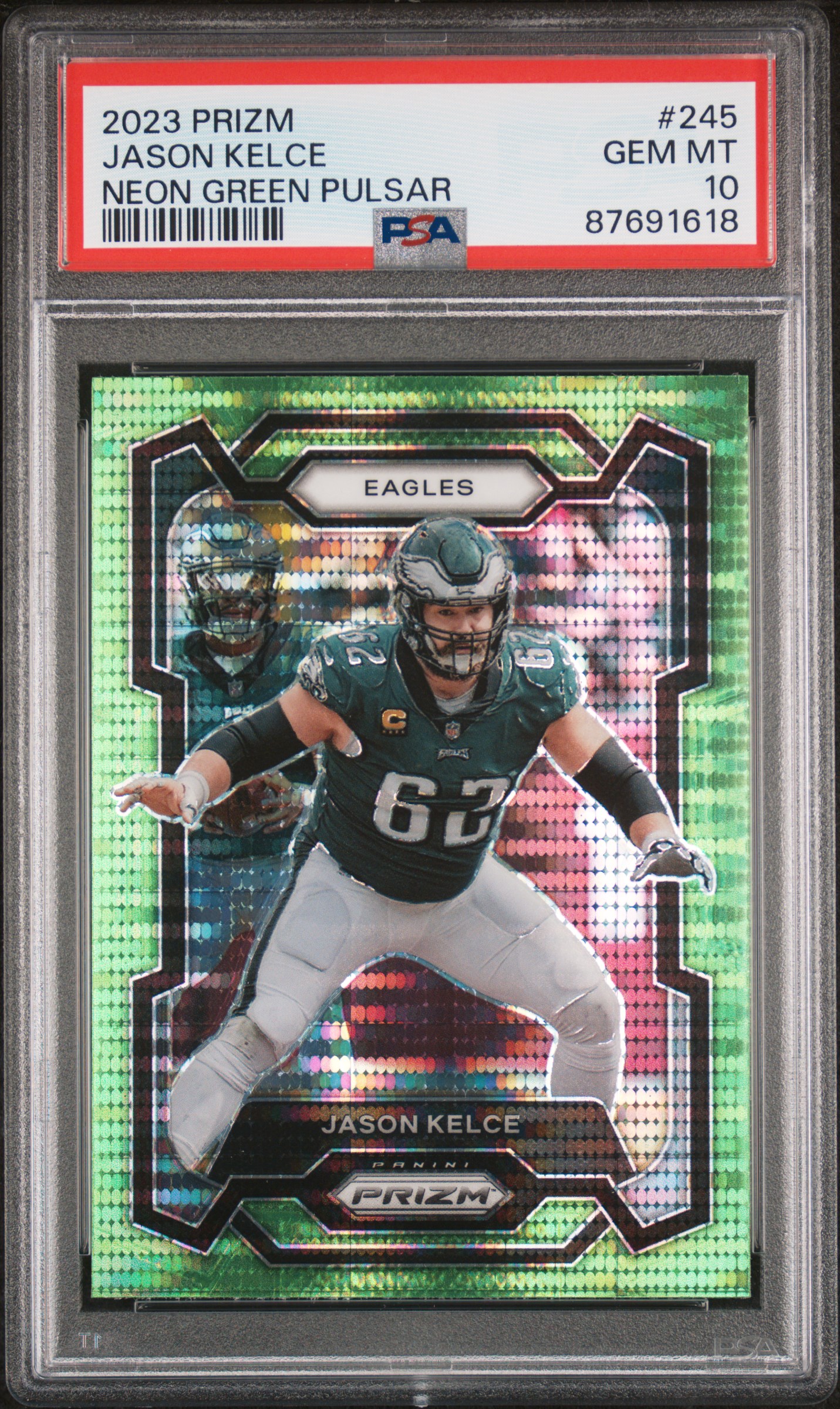 Jason Kelce 2023 Panini Prizm Neon Green Pulsar Football Card #245 Graded PSA 10
