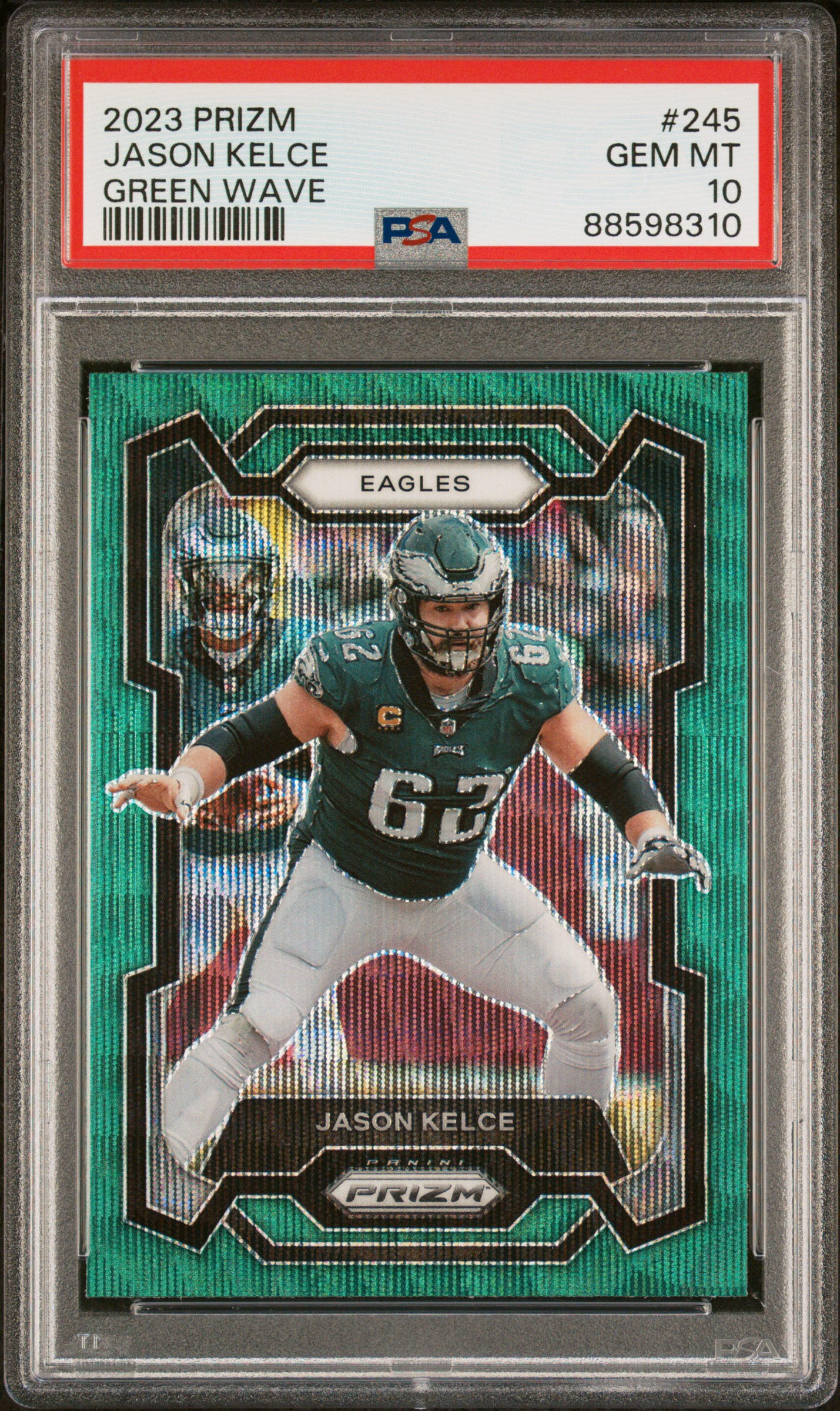Jason Kelce 2023 Panini Prizm Green Wave Football Card #245 Graded PSA 10