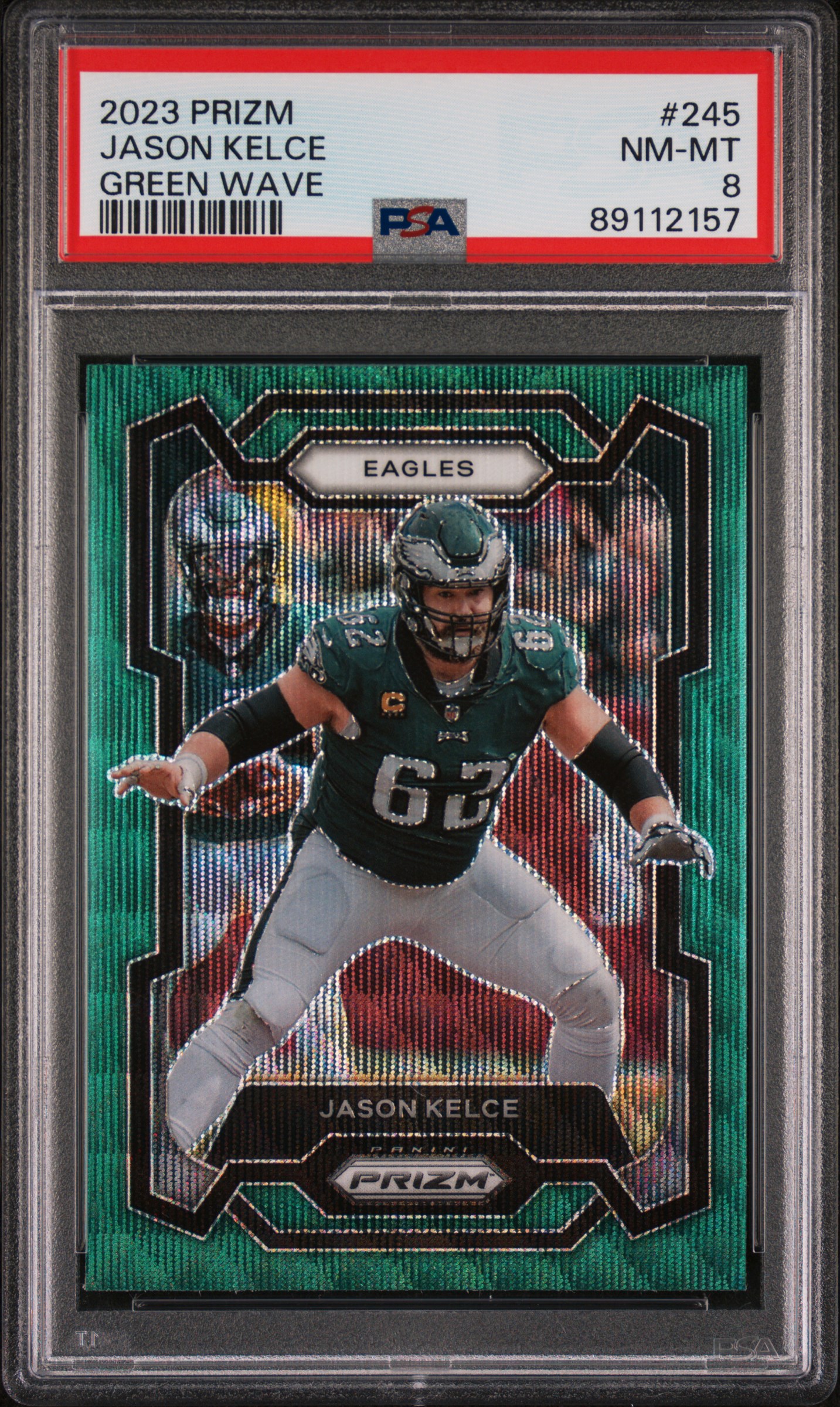 Jason Kelce 2023 Panini Prizm Green Wave Football Card #245 Graded PSA 8
