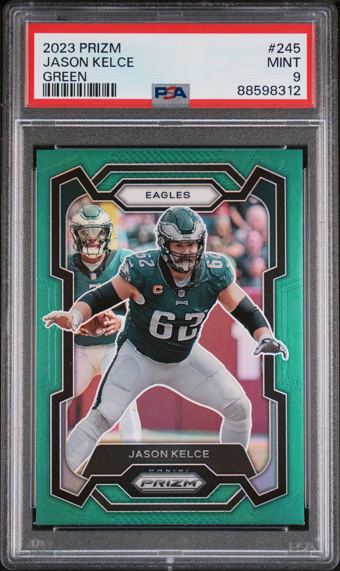 Jason Kelce 2023 Panini Prizm Green Football Card #245 Graded PSA 9