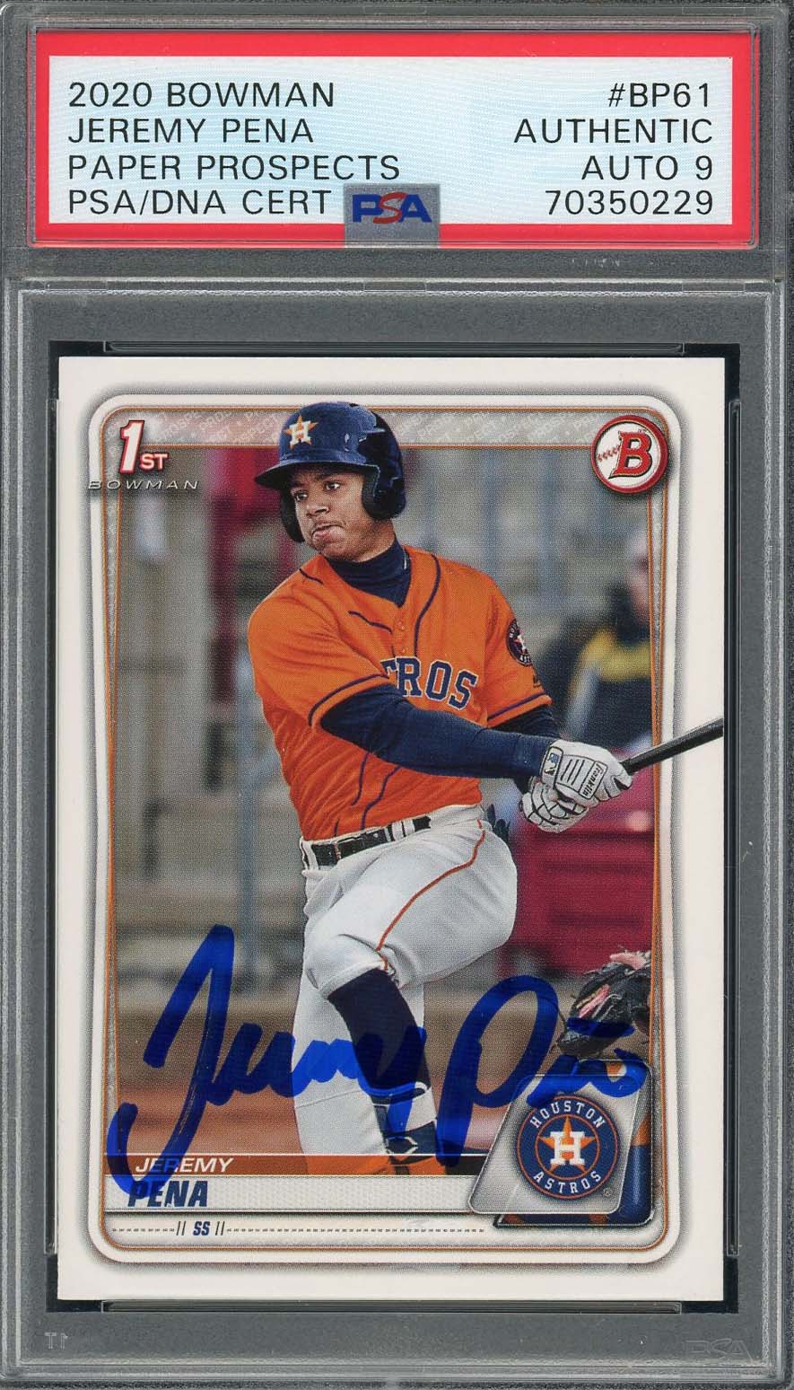 Jeremy Pena 2020 1st Bowman Paper Prospects Signed Rookie Card #BP61 Auto PSA 9