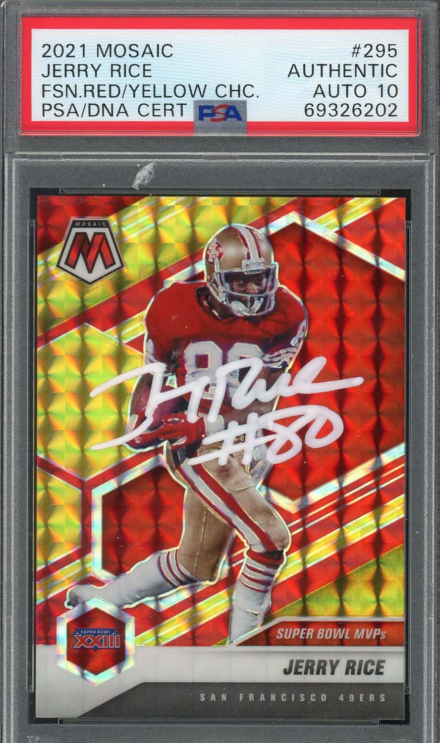 Jerry Rice 2021 Panini Mosaic Red Yellow Prizm Signed Card #295 Auto PSA 10