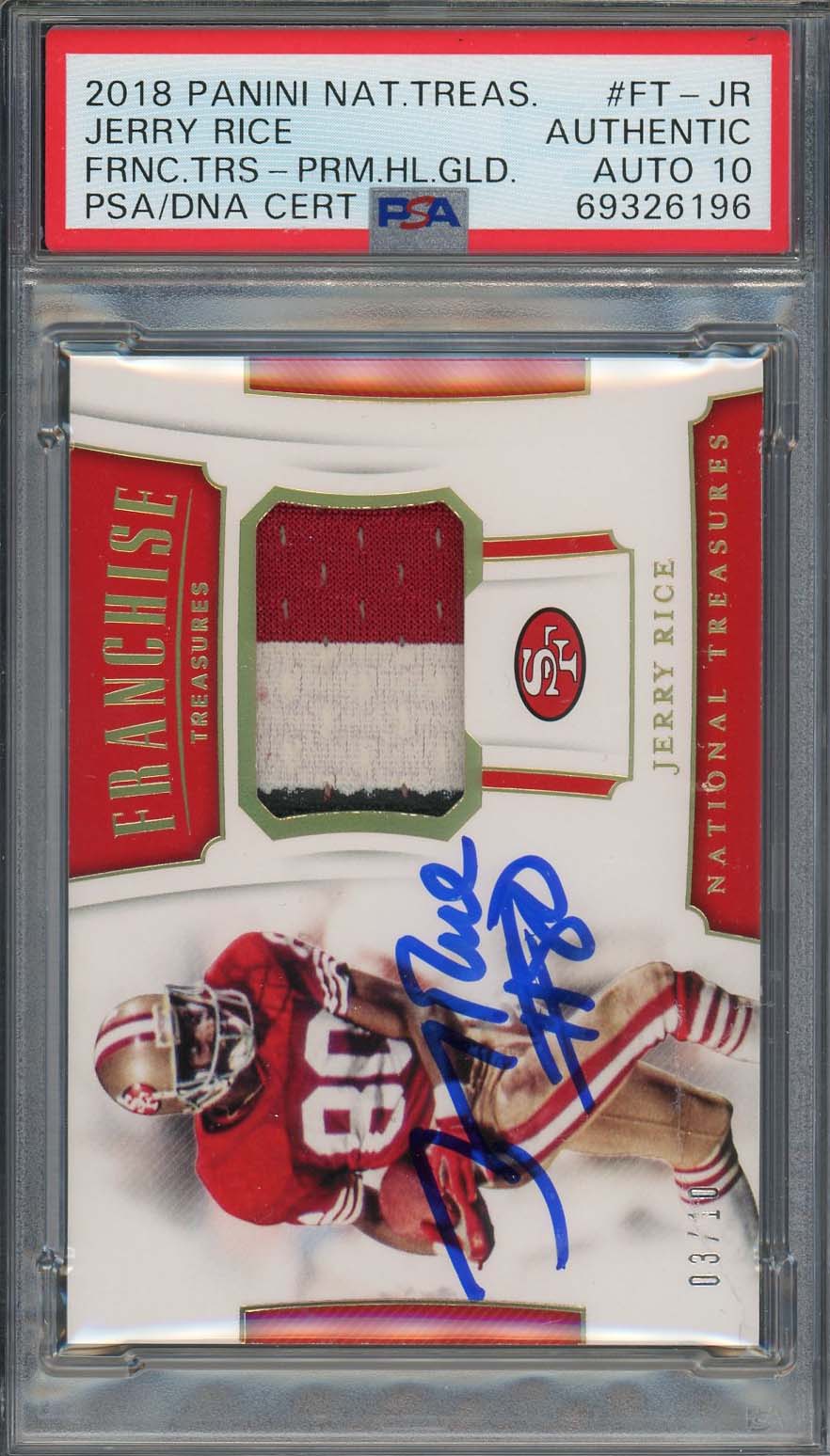 Jerry Rice 2018 Panini National Treasures Signed Game Used Card Auto PSA 10