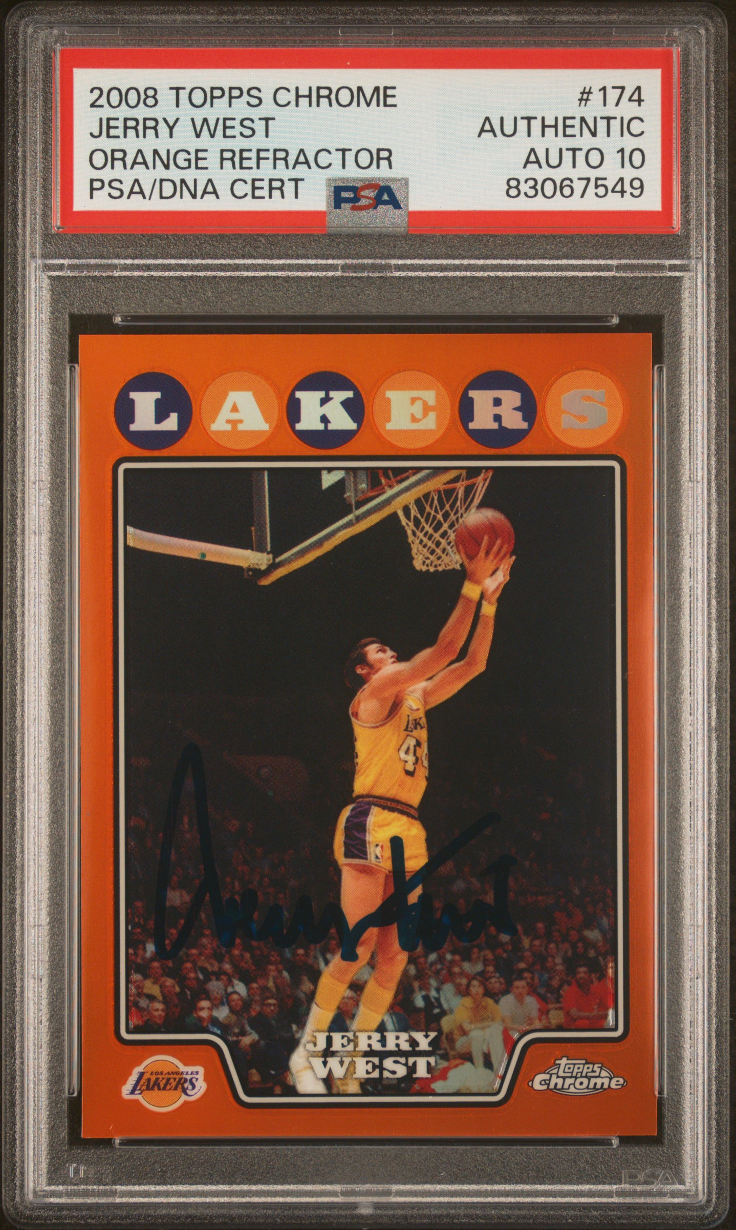 Jerry West 2008 Topps Chrome Orange Refractor Card #174 Auto PSA 10 455/499