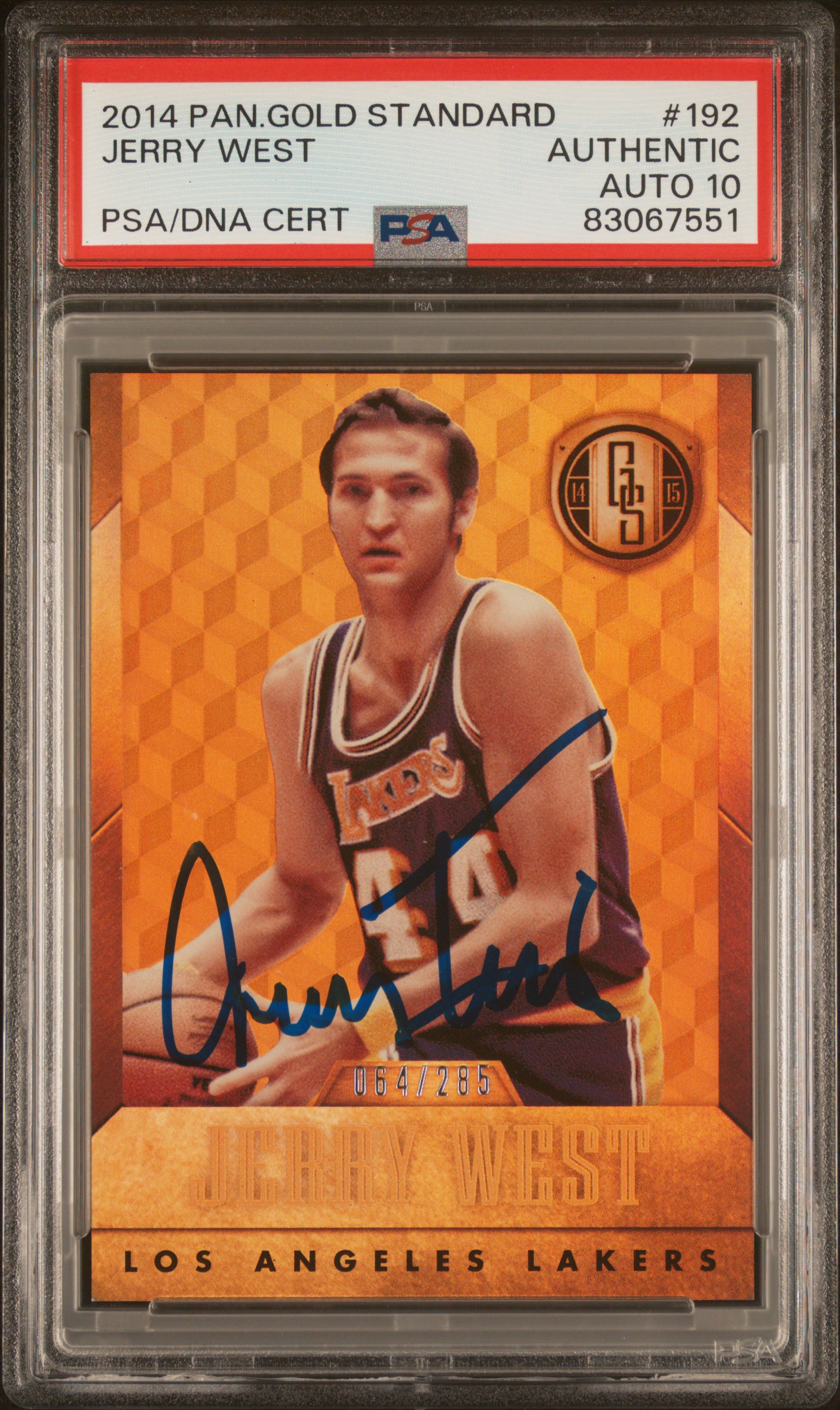 Jerry West 2014 Panini Gold Standard Signed Card #192 Auto Graded PSA 10 64/285