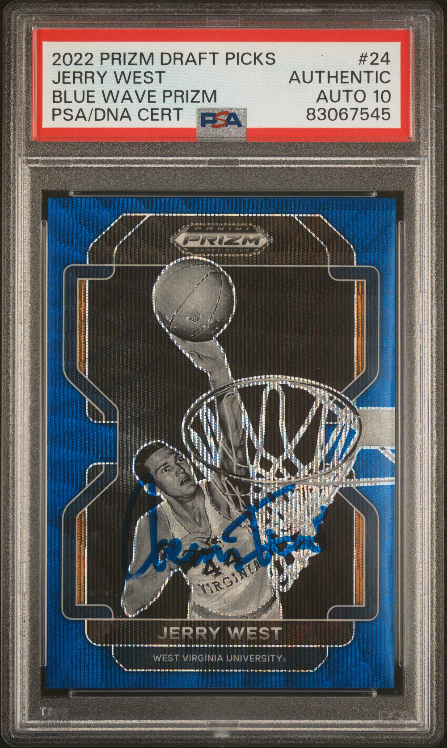 Jerry West 2022 Panini Prizm Blue Wave Signed Card #24 Auto Graded PSA 10 83/249