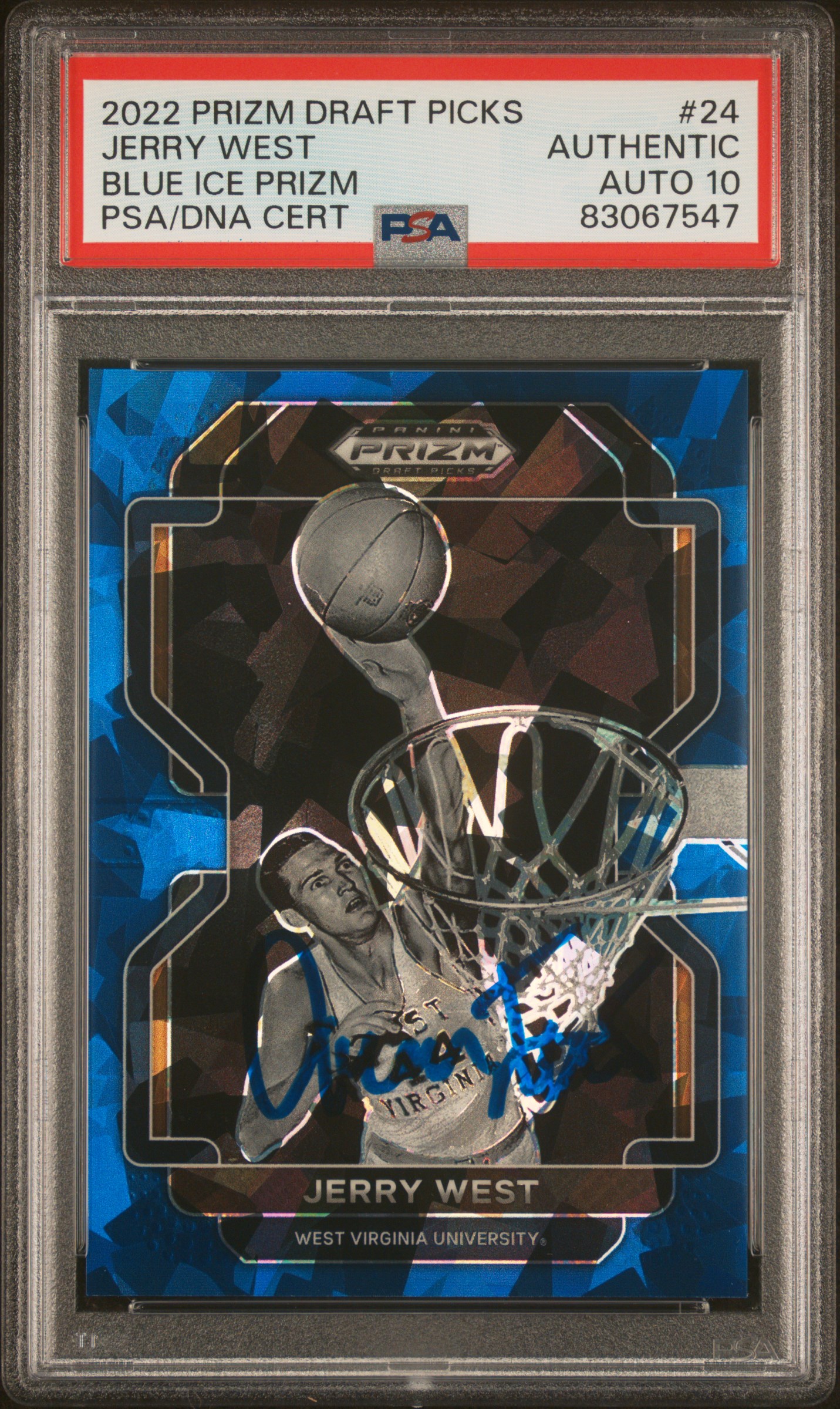 Jerry West 2022 Panini Prizm Blue Ice Signed Card #24 Auto Graded PSA 10 47/99