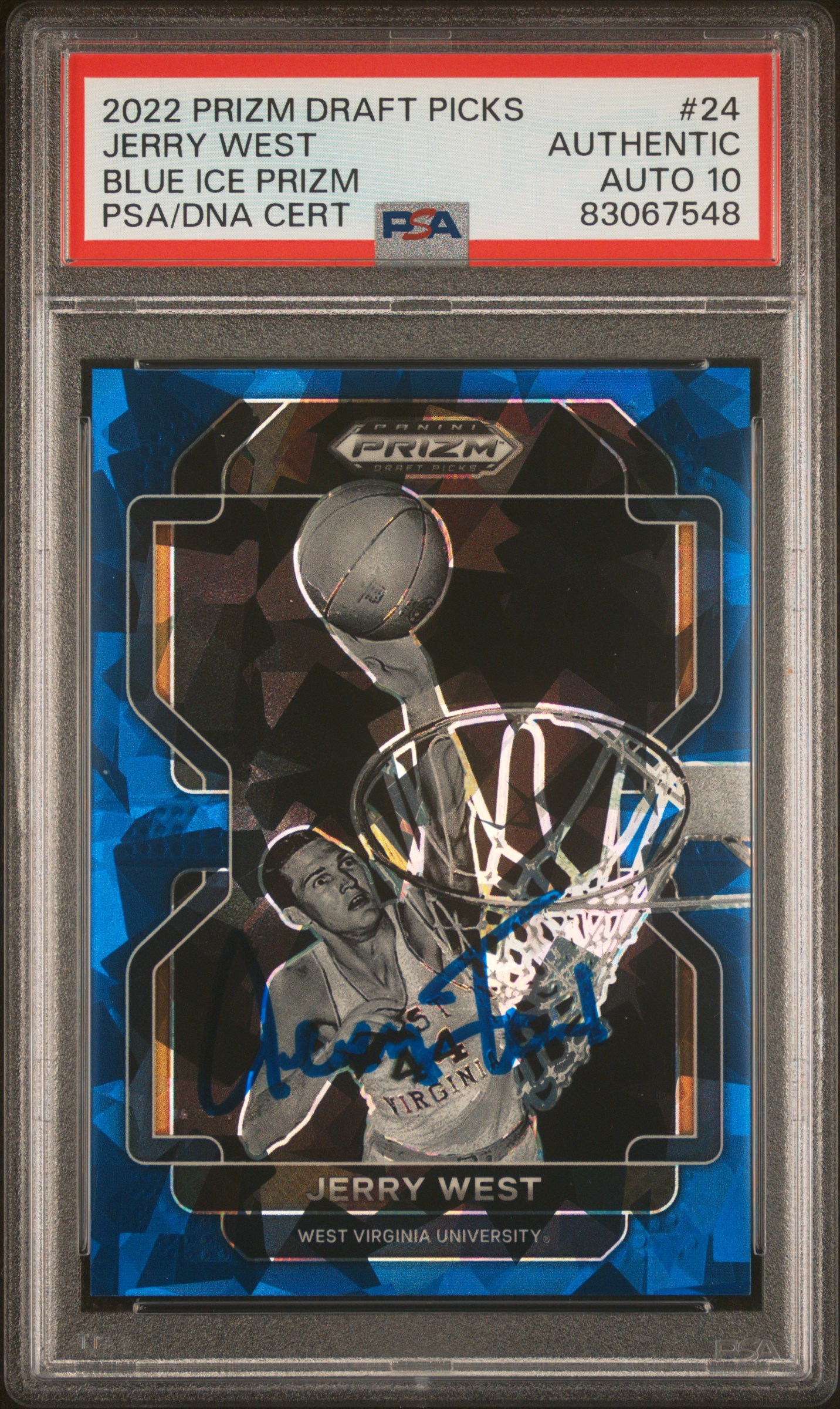 Jerry West 2022 Panini Prizm Blue Ice Signed Card #24 Auto Graded PSA 10 76/99