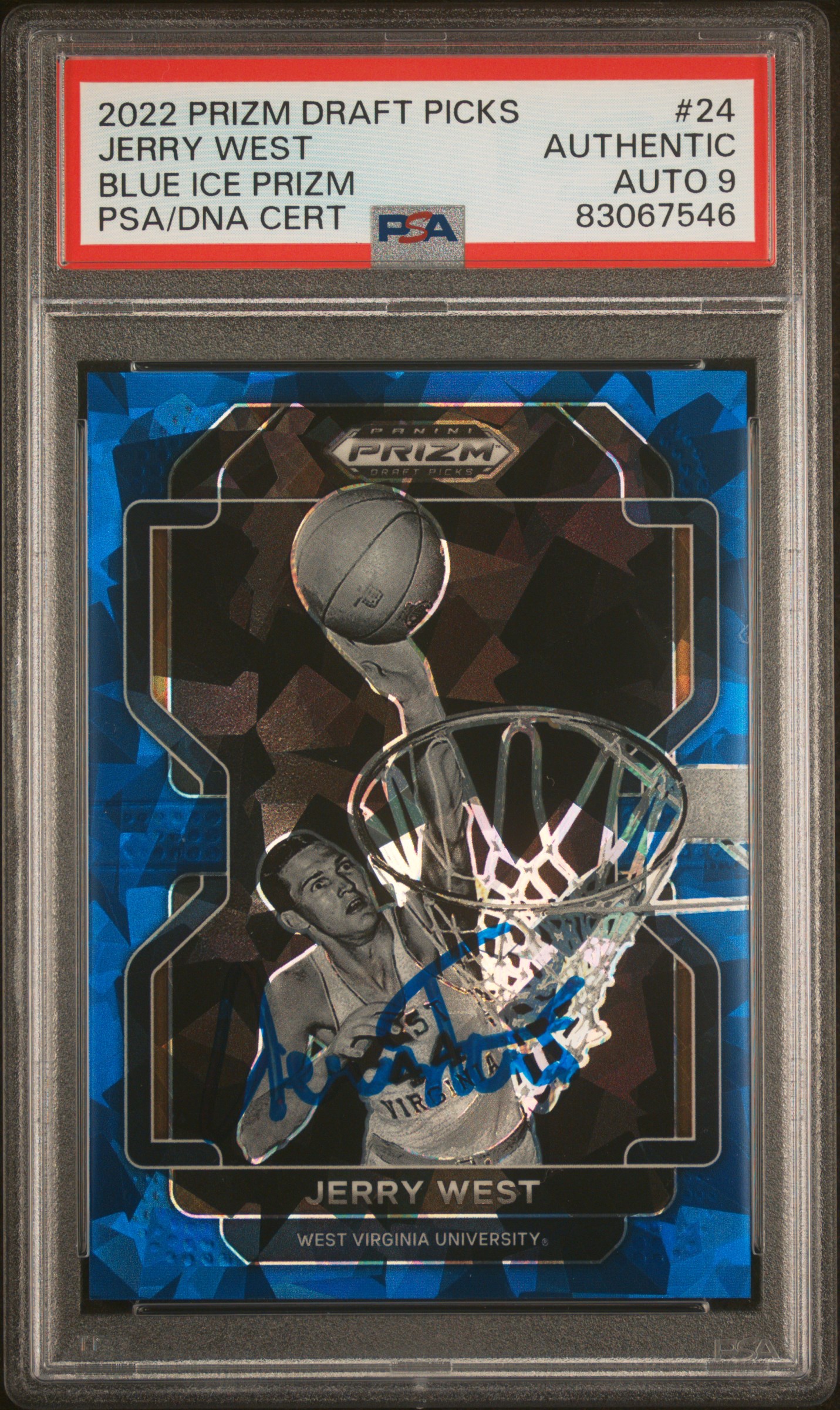 Jerry West 2022 Panini Prizm Blue Ice Signed Card #24 Auto Graded PSA 9 6/99
