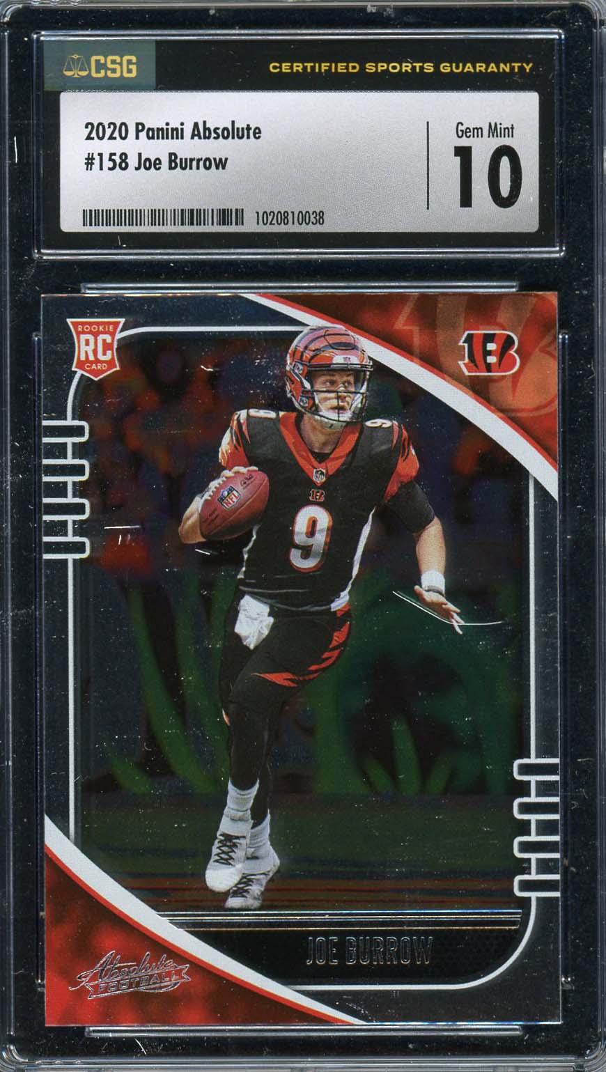 Joe Burrow 2020 Panini Absolute Football Rookie Card RC #158 Graded CSG 10