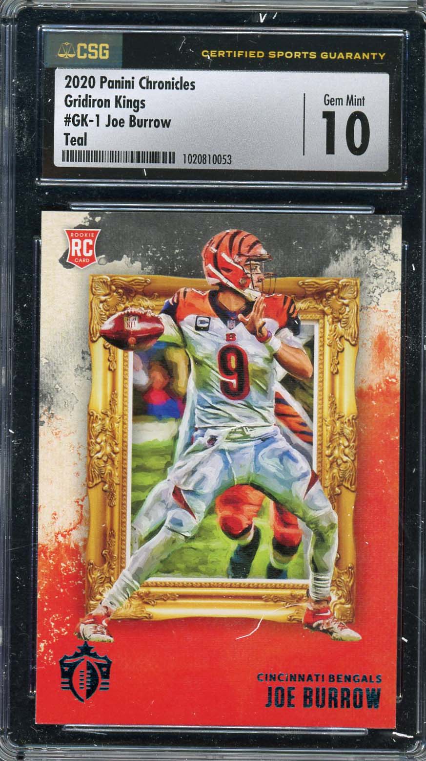 Joe Burrow 2020 Panini Chronicles Gridiron Kings Teal Rookie Card #GK1 CSG 10 Joe Burrow 2020 Panini Chronicles Gridiron Kings Teal Rookie Card #GK1 CSG 10