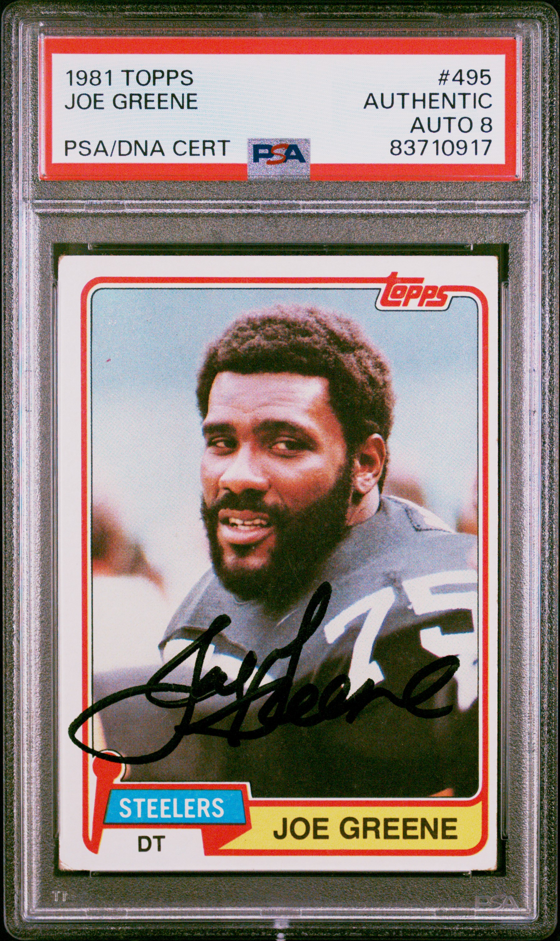 Joe Greene 1981 Topps Signed Football Card #495 Auto Graded PSA 8