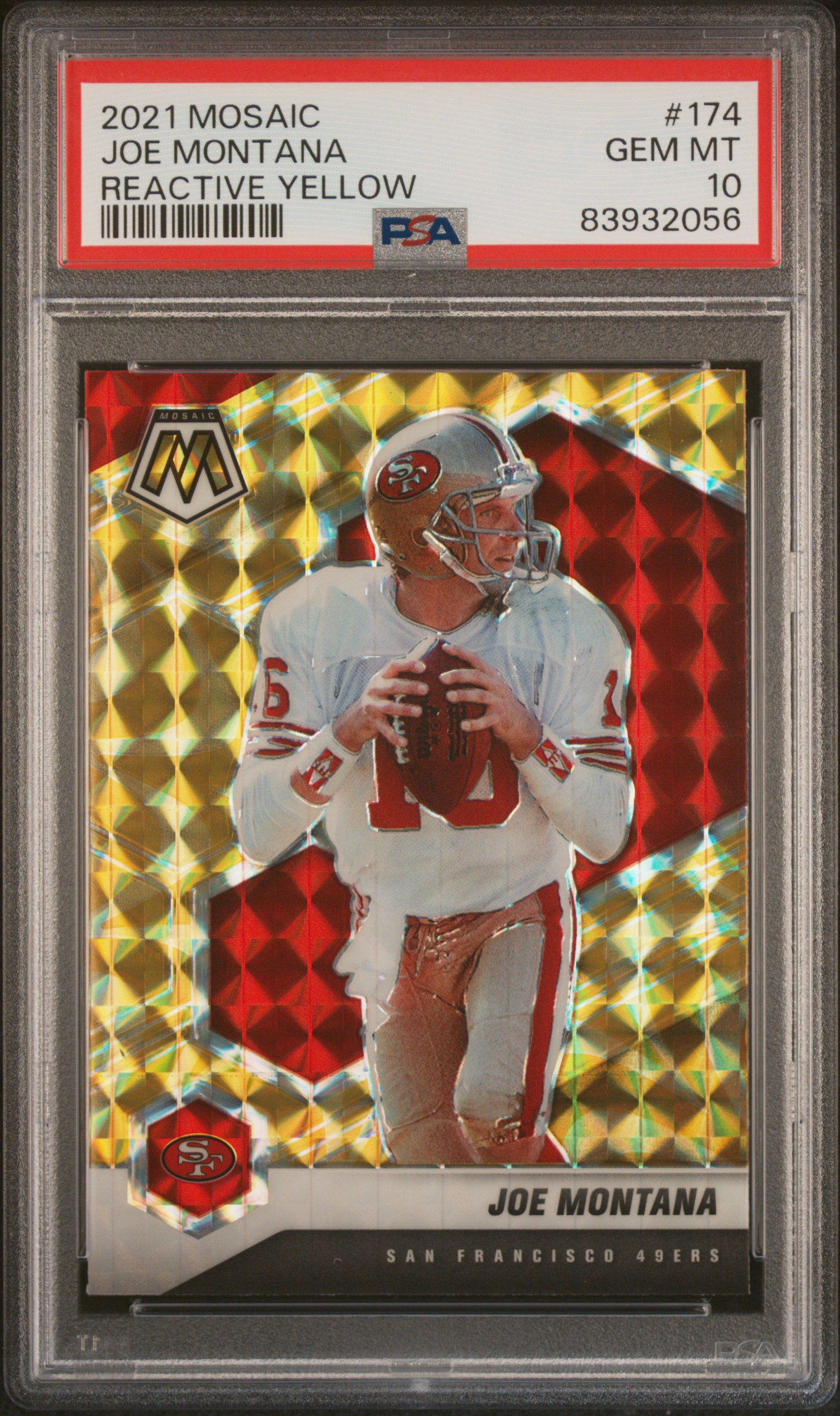 Joe Montana 2021 Panini Mosaic Reactive Yellow Football Card #174 Graded PSA 10