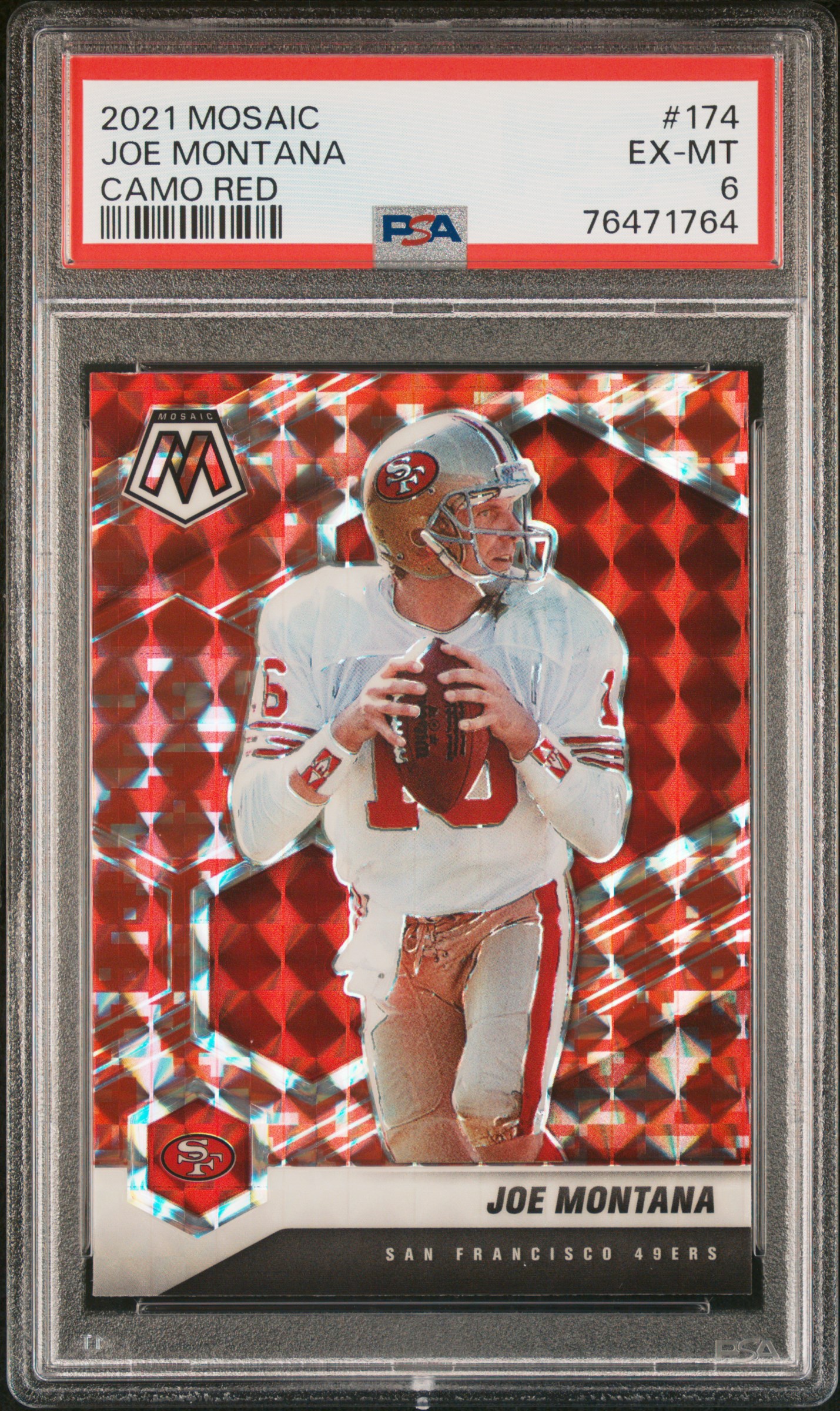 Joe Montana 2021 Panini Mosaic Camo Red Prizm Football Card #174 Graded PSA 6