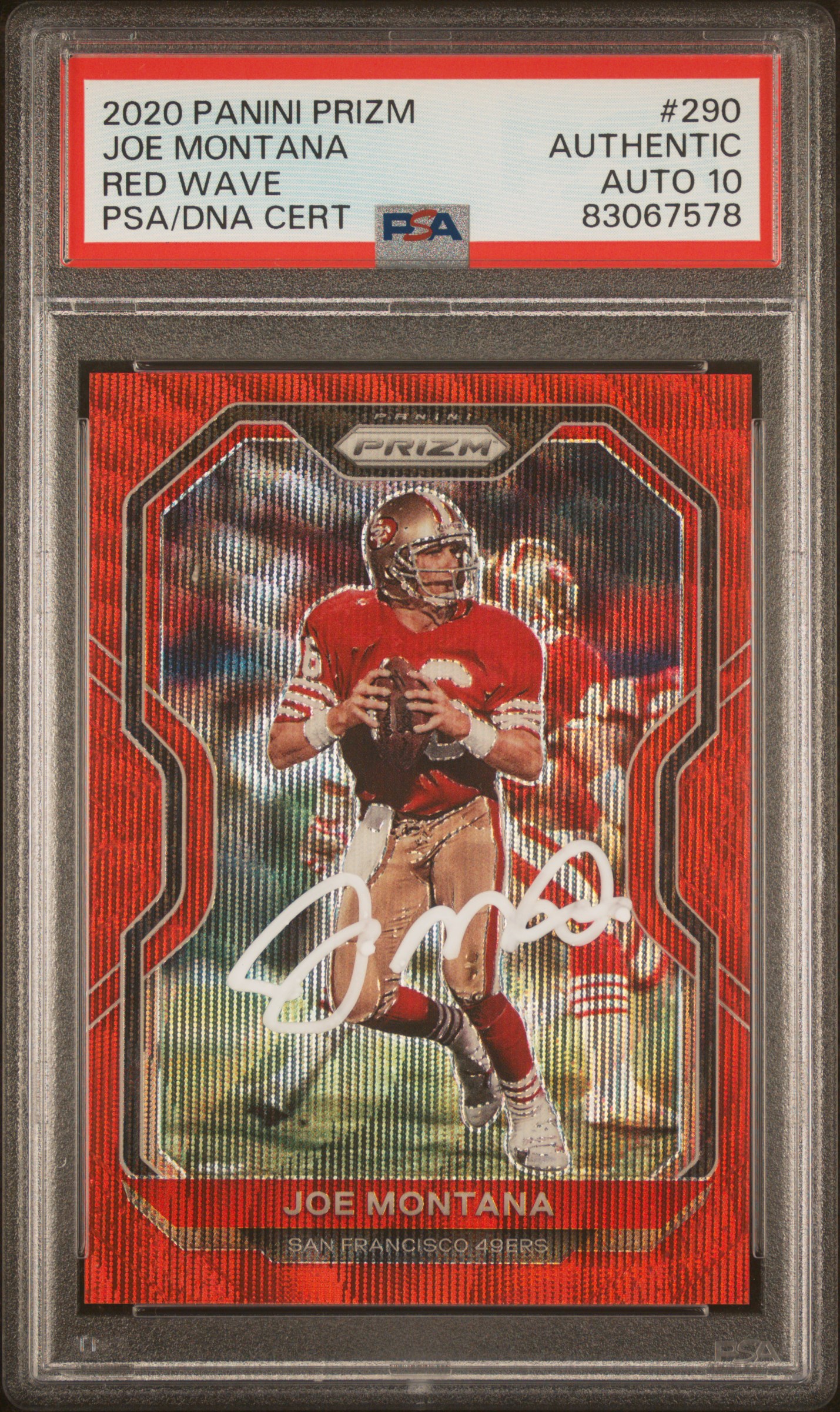 Joe Montana 2020 Panini Prizm Red Wave Signed Card #290 Auto PSA 10 104/149