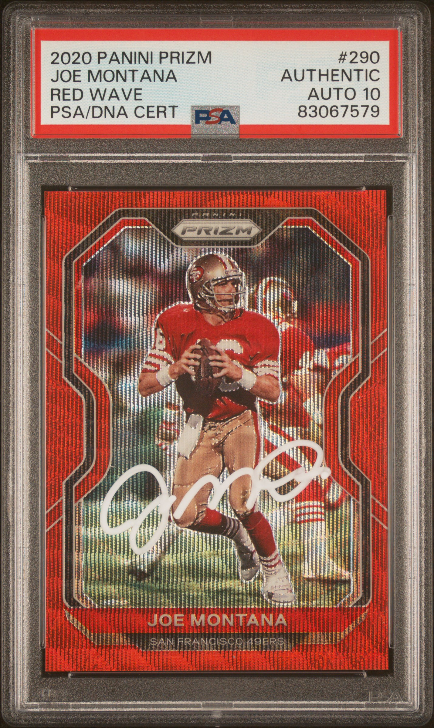 Joe Montana 2020 Panini Prizm Red Wave Signed Card #290 Auto PSA 10 146/149