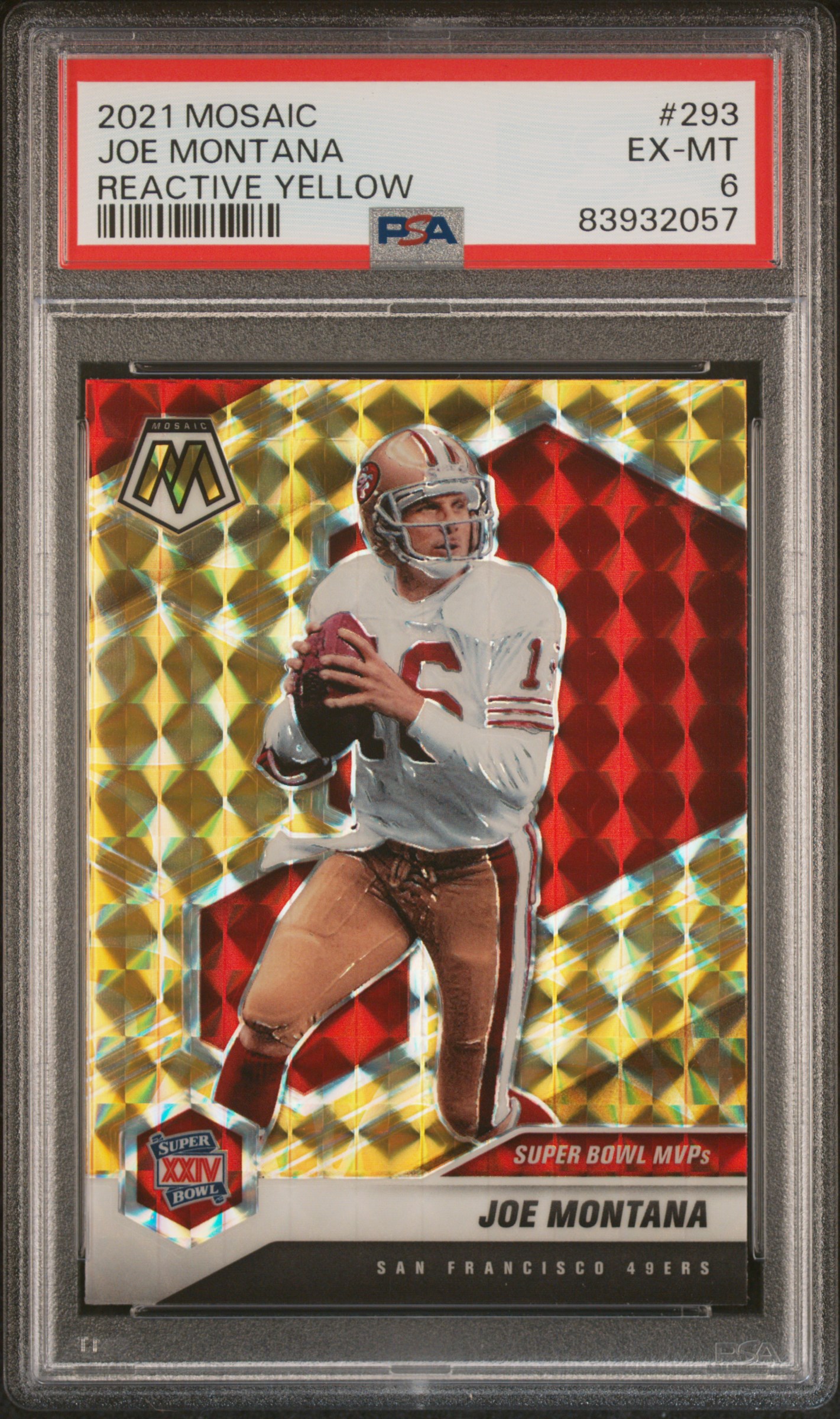 Joe Montana 2021 Panini Mosaic Reactive Yellow Football Card #293 Graded PSA 6