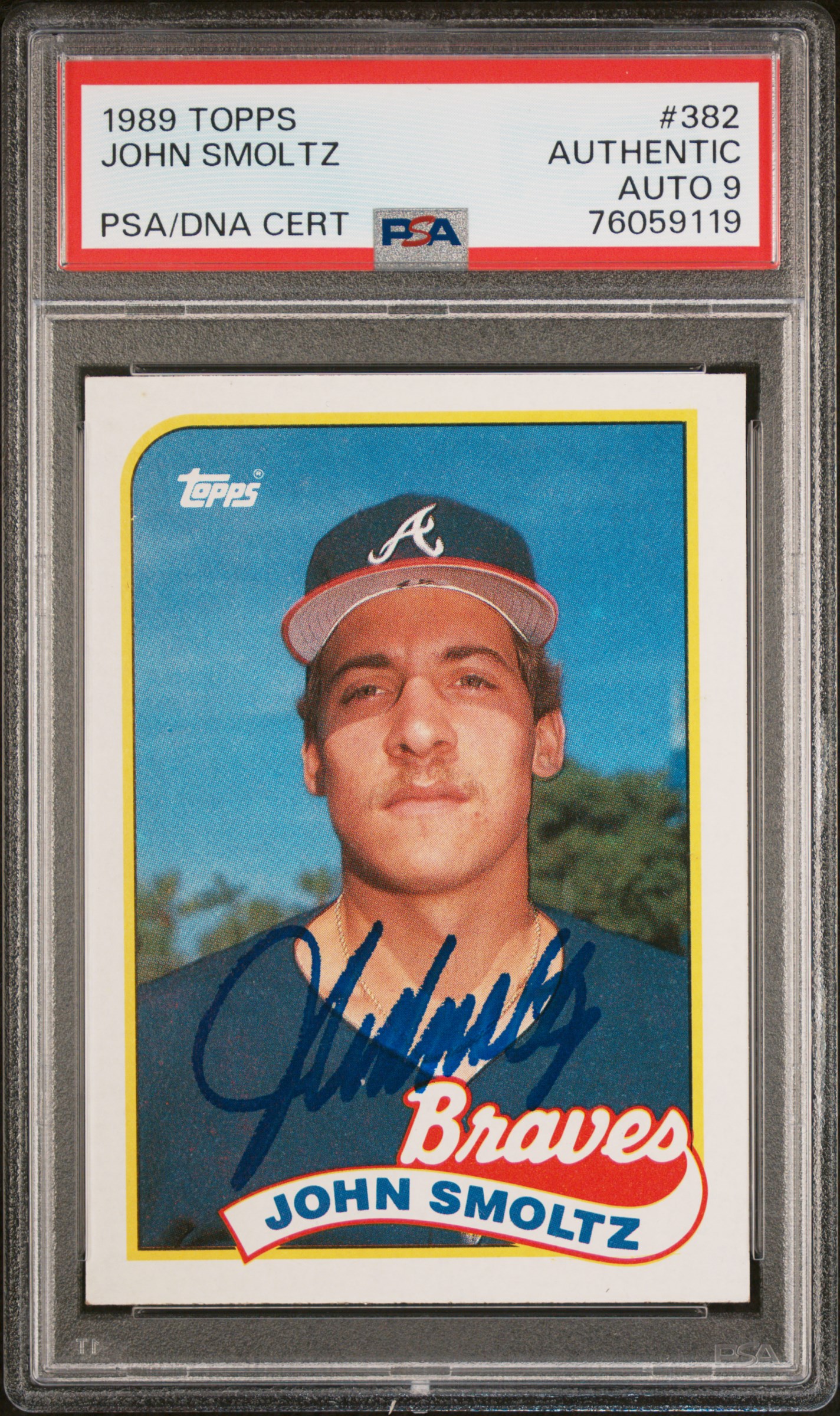 John Smoltz 1989 Topps Signed Baseball Rookie Card #382 Auto Graded PSA 9