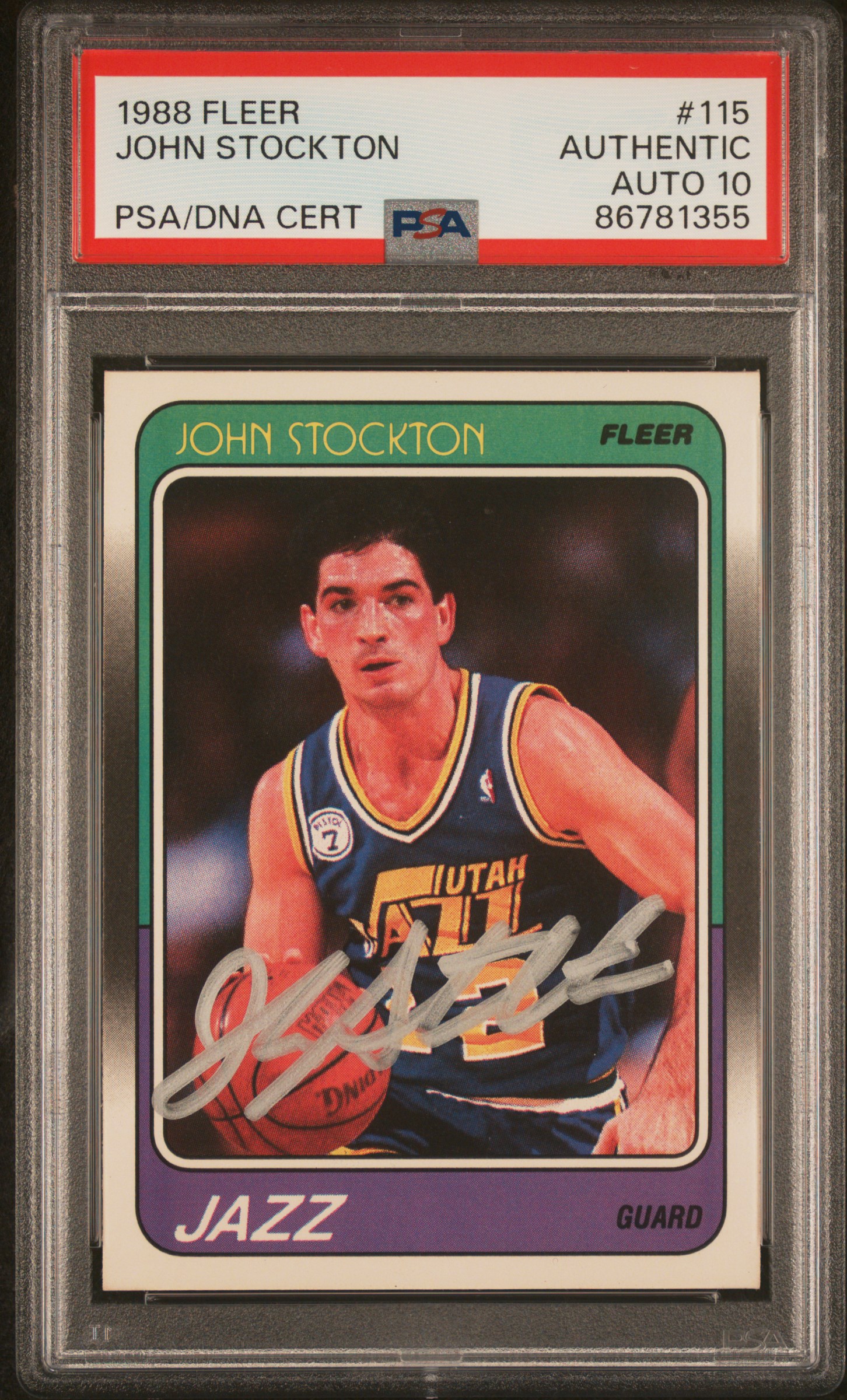 John Stockton 1988 Fleer Signed Basketball Rookie Card #115 Auto PSA 10 86781355