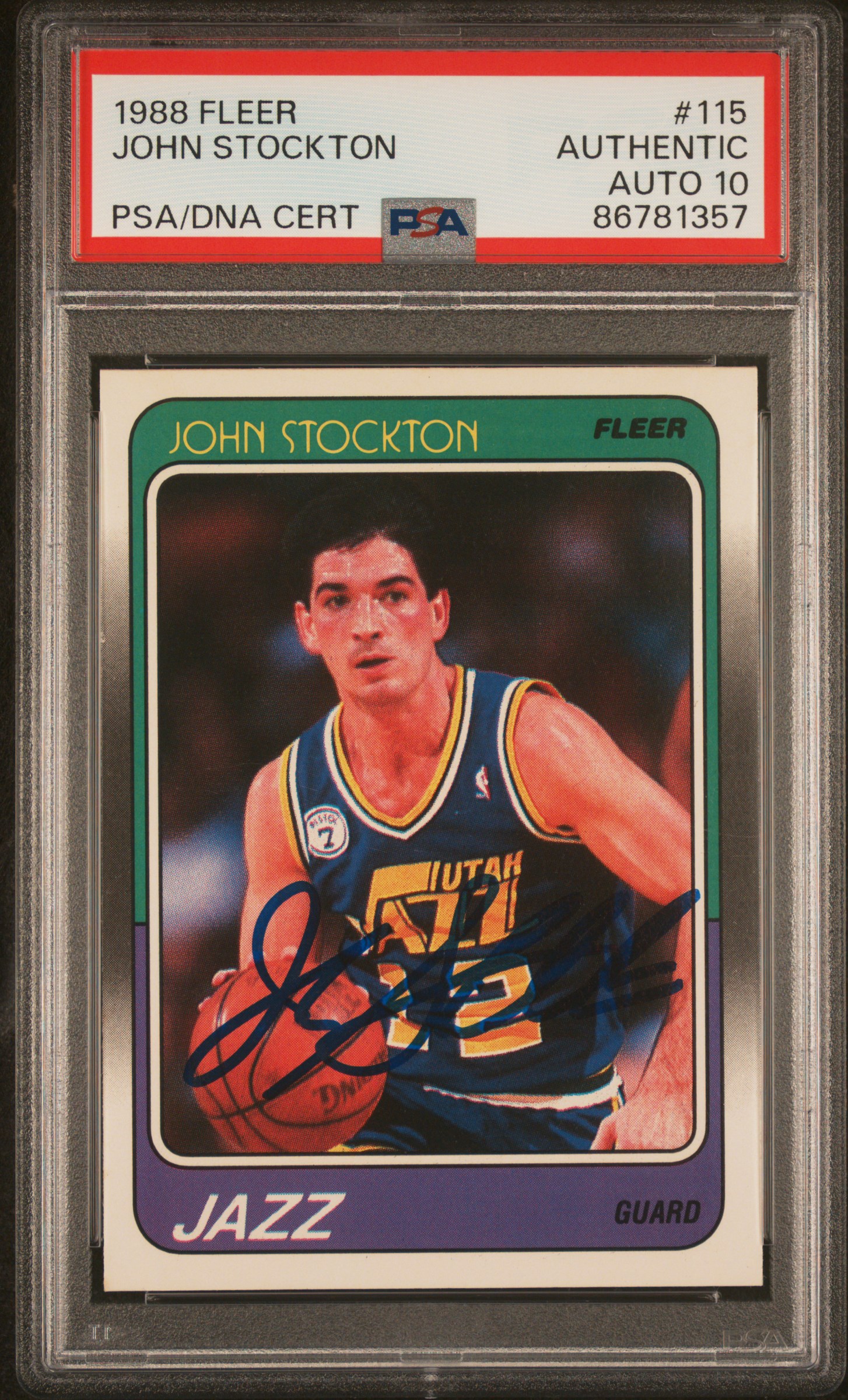 John Stockton 1988 Fleer Signed Basketball Rookie Card #115 Auto PSA 10 86781357