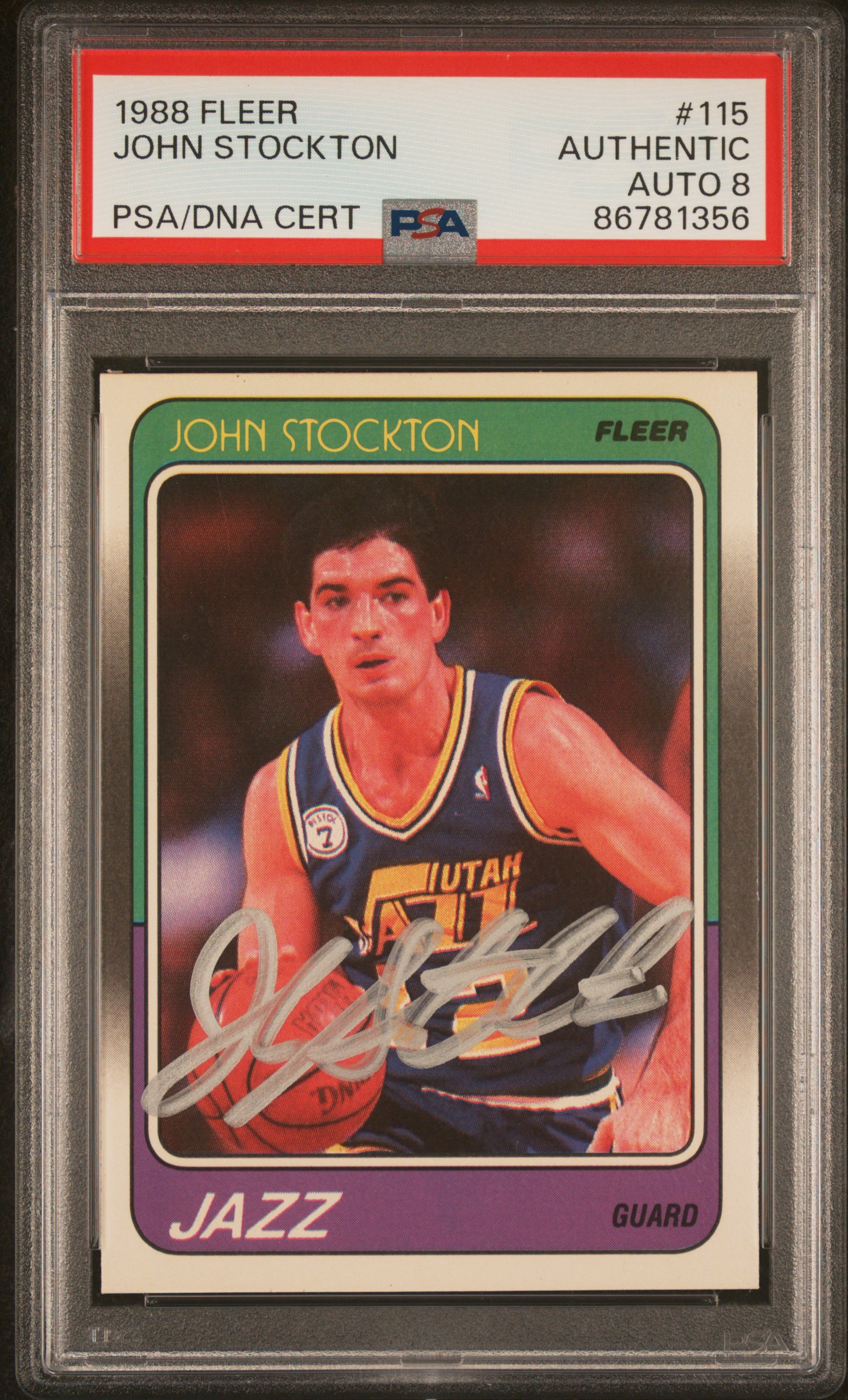 John Stockton 1988 Fleer Signed Basketball Rookie Card #115 Auto PSA 8 86781356